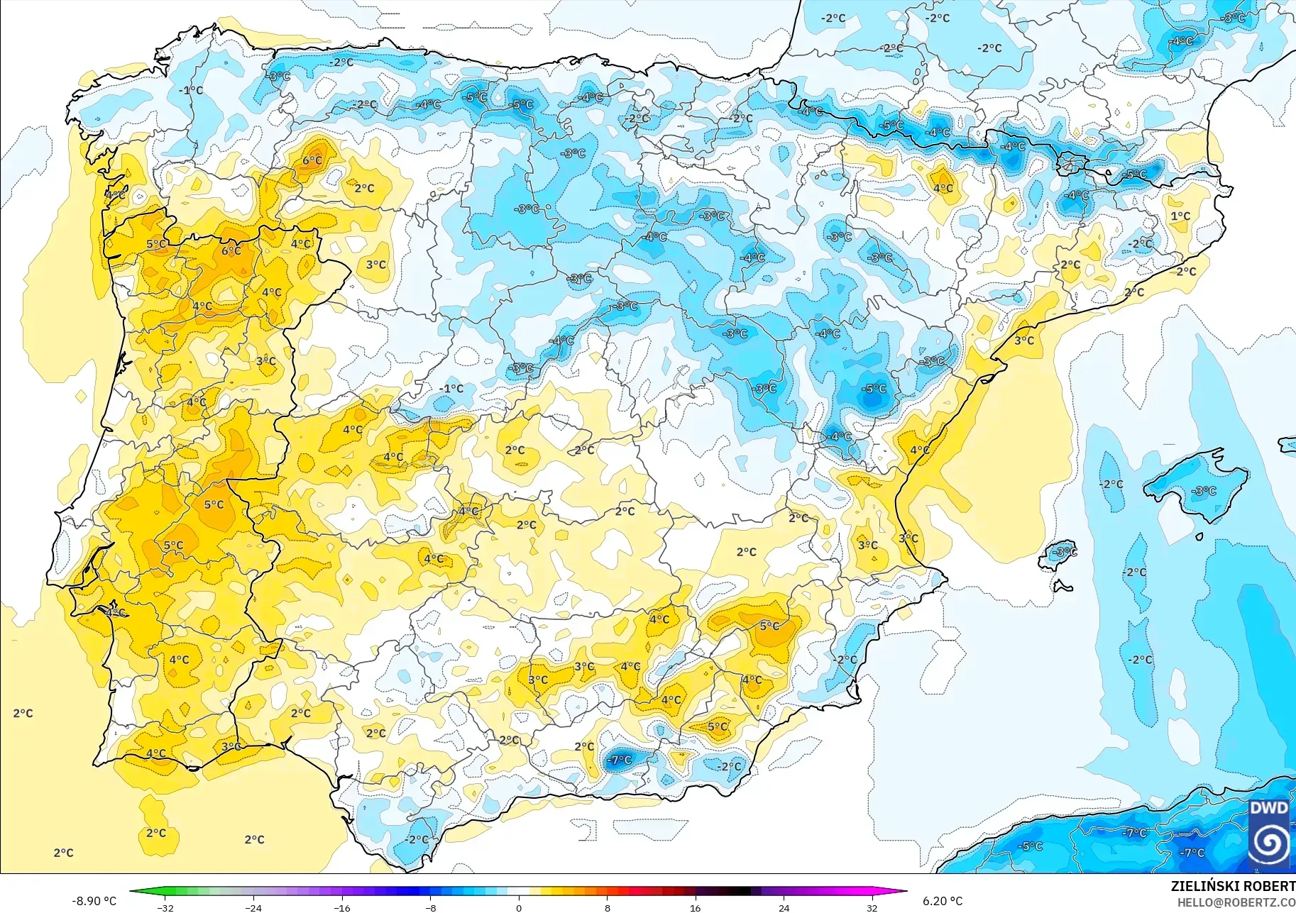 ICON modelo - España, Anomalía de temperatura a 2 m