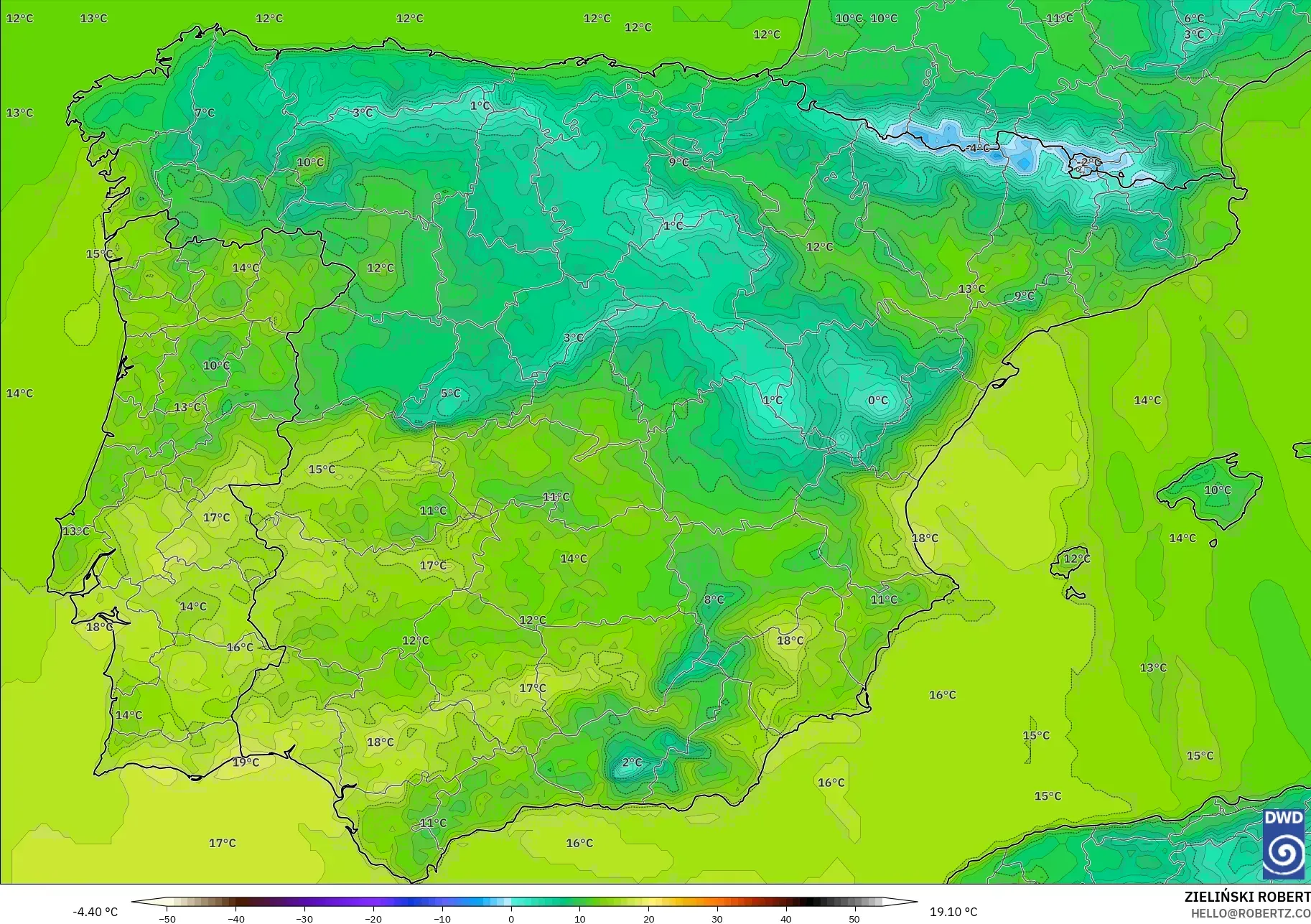 ICON modelo - España, Temperatura a 2 m