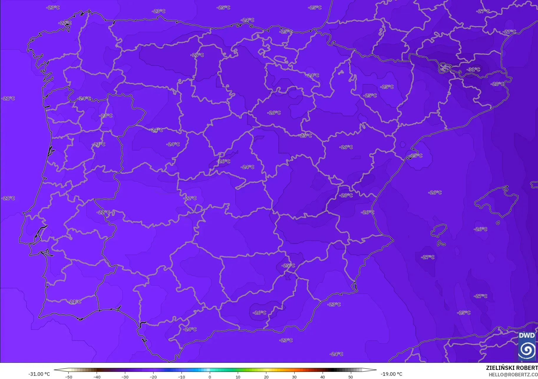 ICON modelo - España, Temperatura a 500 hPa