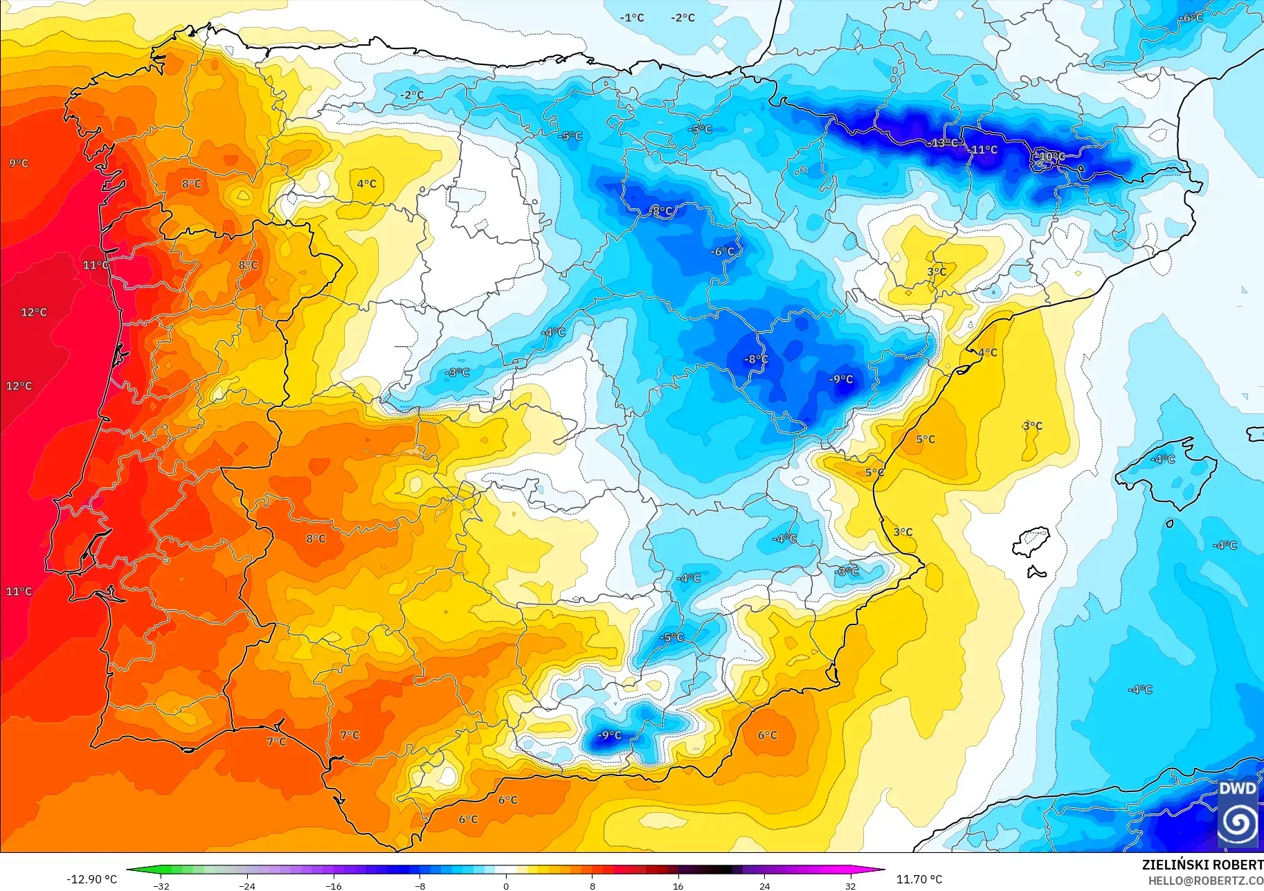 ICON modelo - España, Anomalía de temperatura a 850 hPa