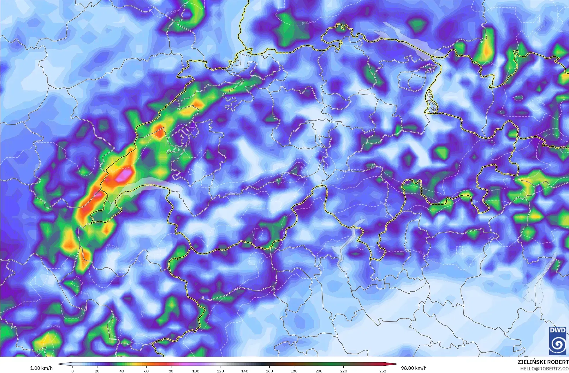 ICON modelo - Suiza, Ráfagas de Viento Máximas
