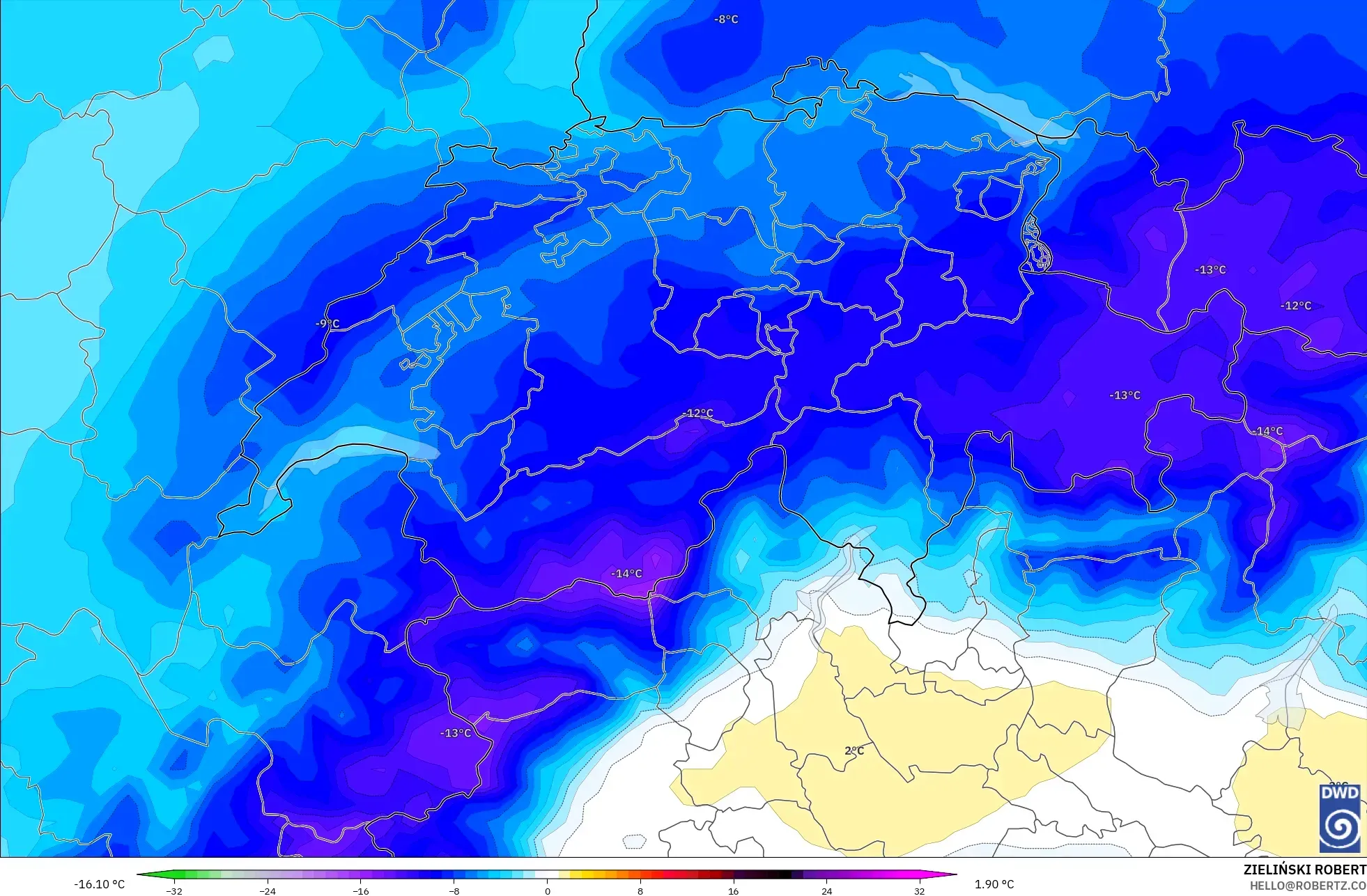 ICON modelo - Suiza, Anomalía de temperatura a 850 hPa