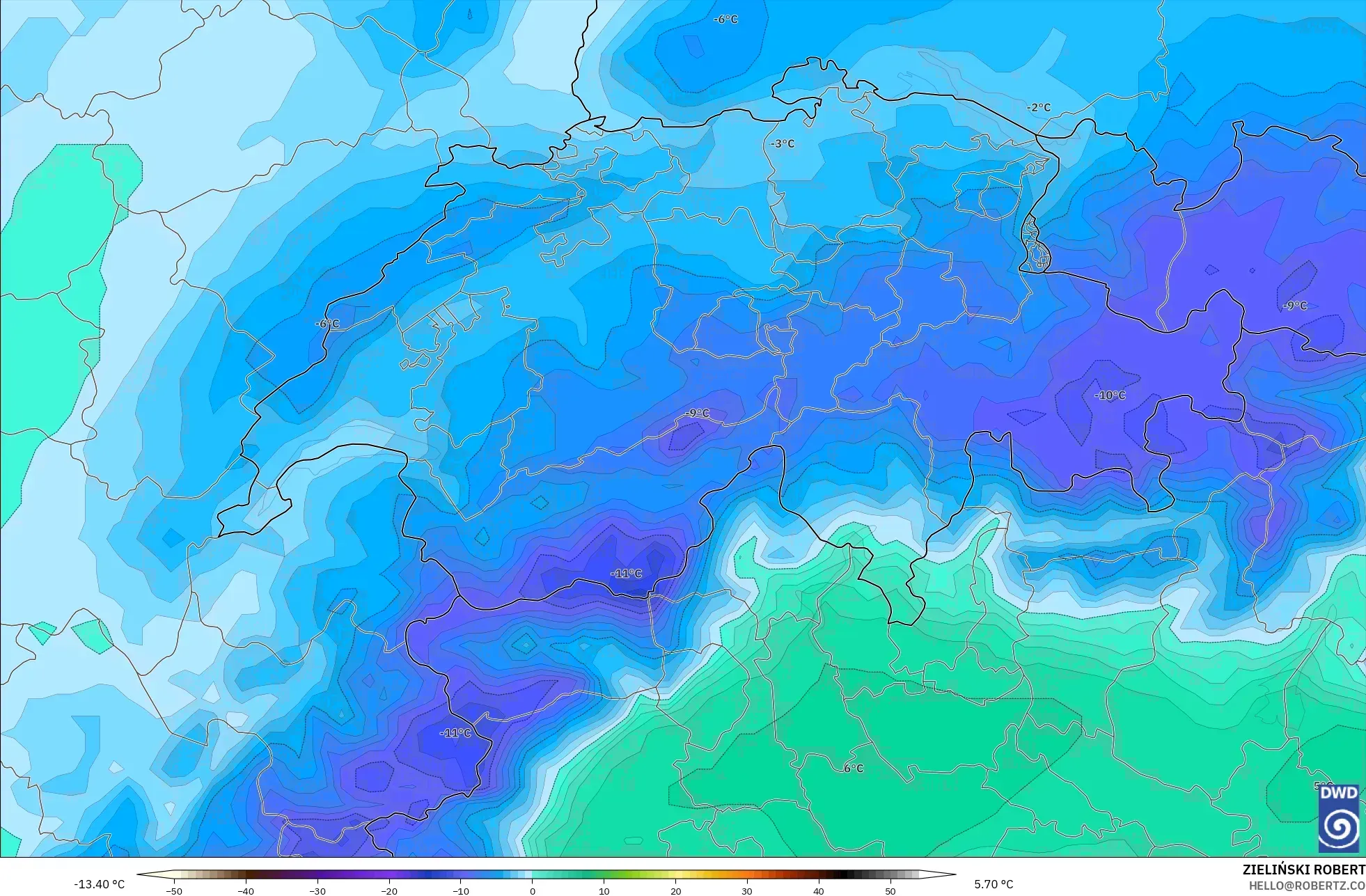 ICON modelo - Suiza, Temperatura a 850 hPa