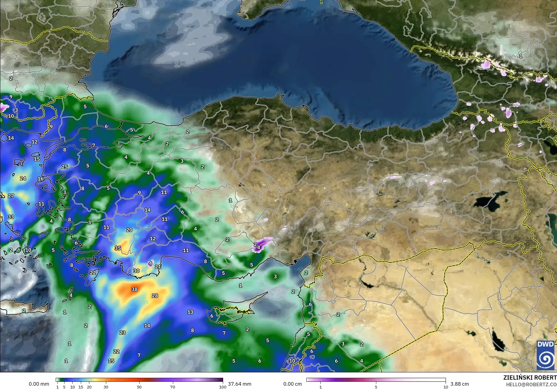 ICON modelo - Turquía, Precipitación, nubes y presión