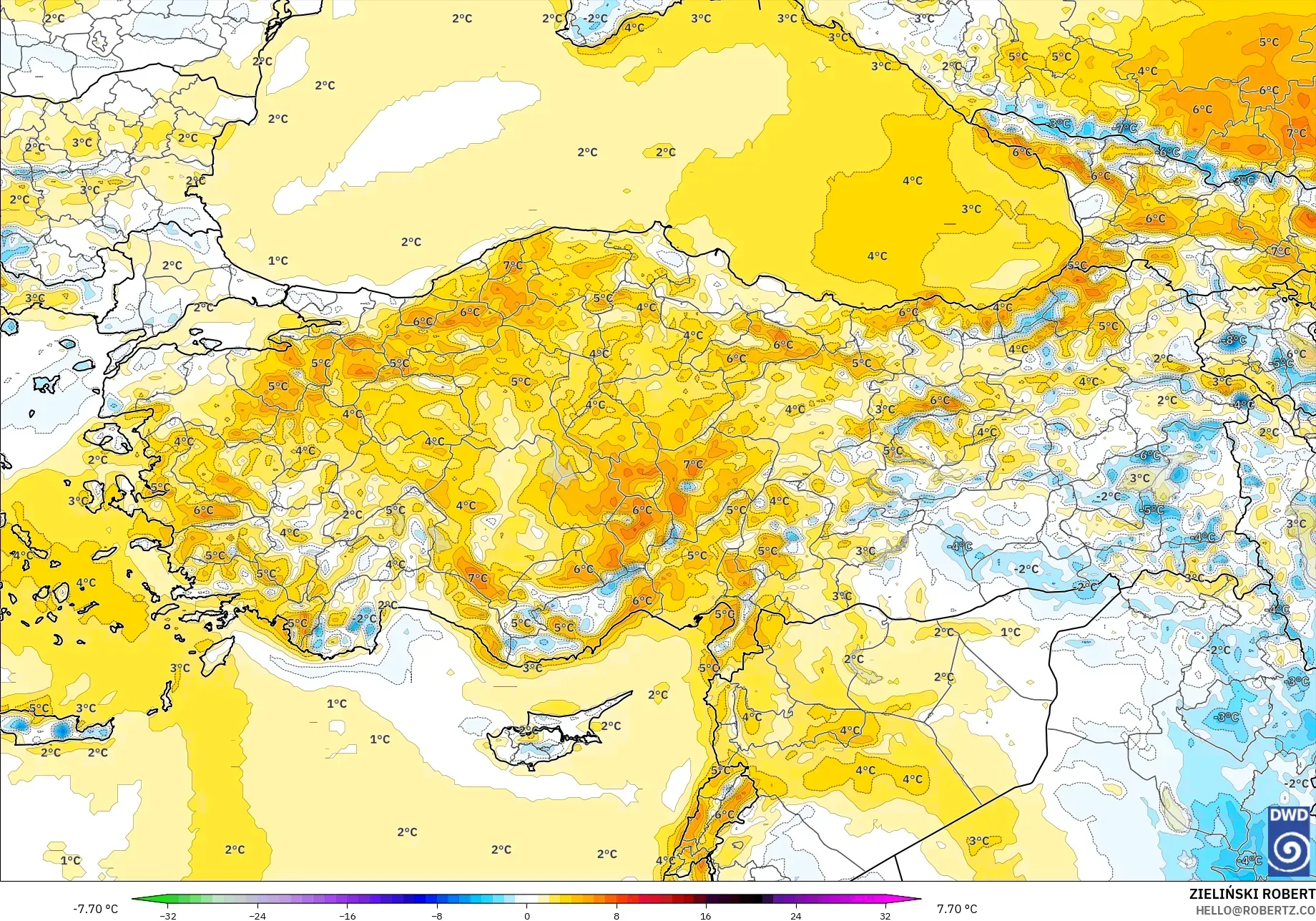 ICON modelo - Turquía, Anomalía de temperatura a 2 m