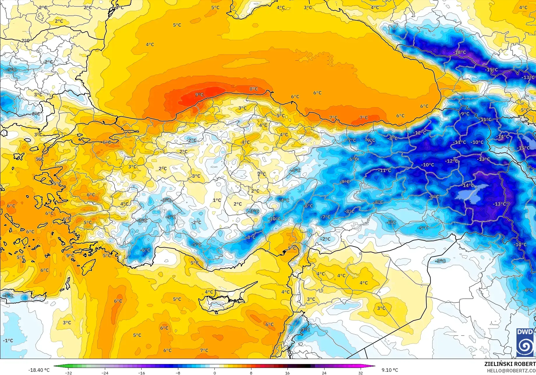 ICON modelo - Turquía, Anomalía de temperatura a 850 hPa