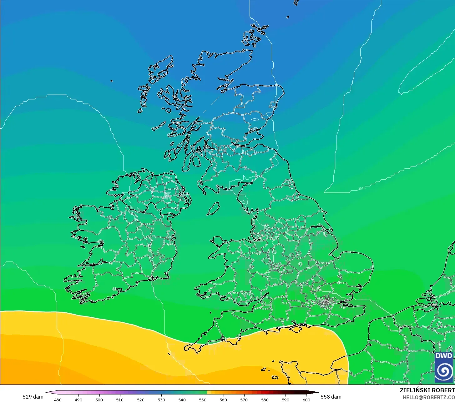 ICON modelo - Reino Unido, Altura geopotencial a 500 hPa