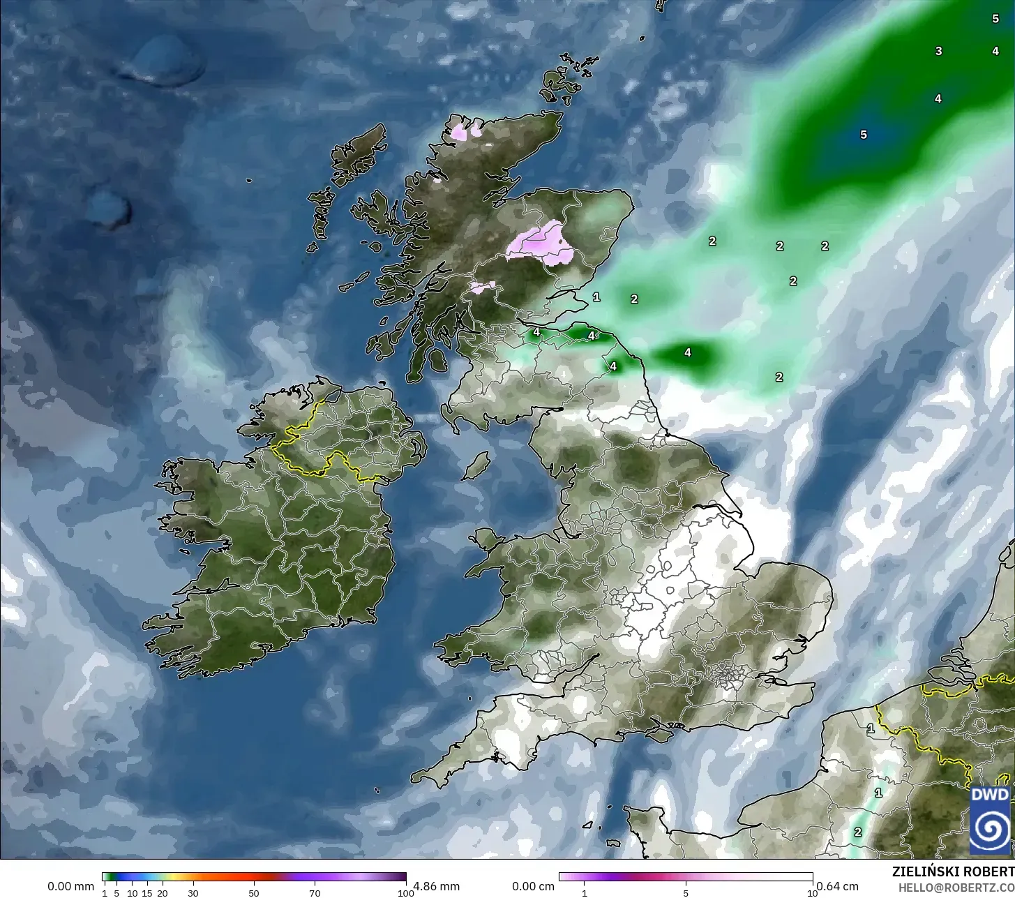 ICON modelo - Reino Unido, Precipitación, nubes y presión