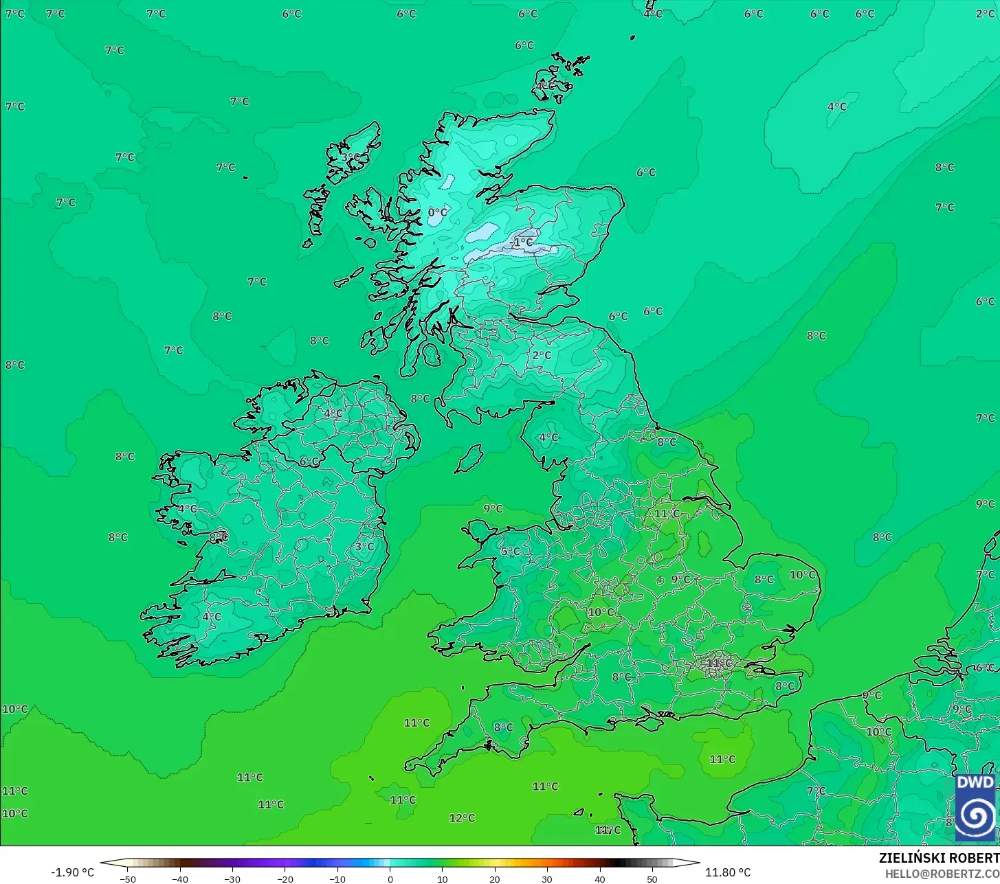 ICON modelo - Reino Unido, Temperatura a 2 m