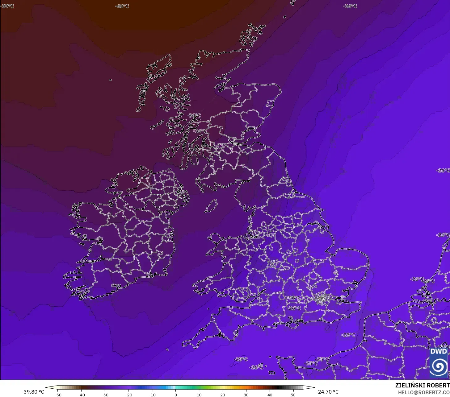 ICON modelo - Reino Unido, Temperatura a 500 hPa