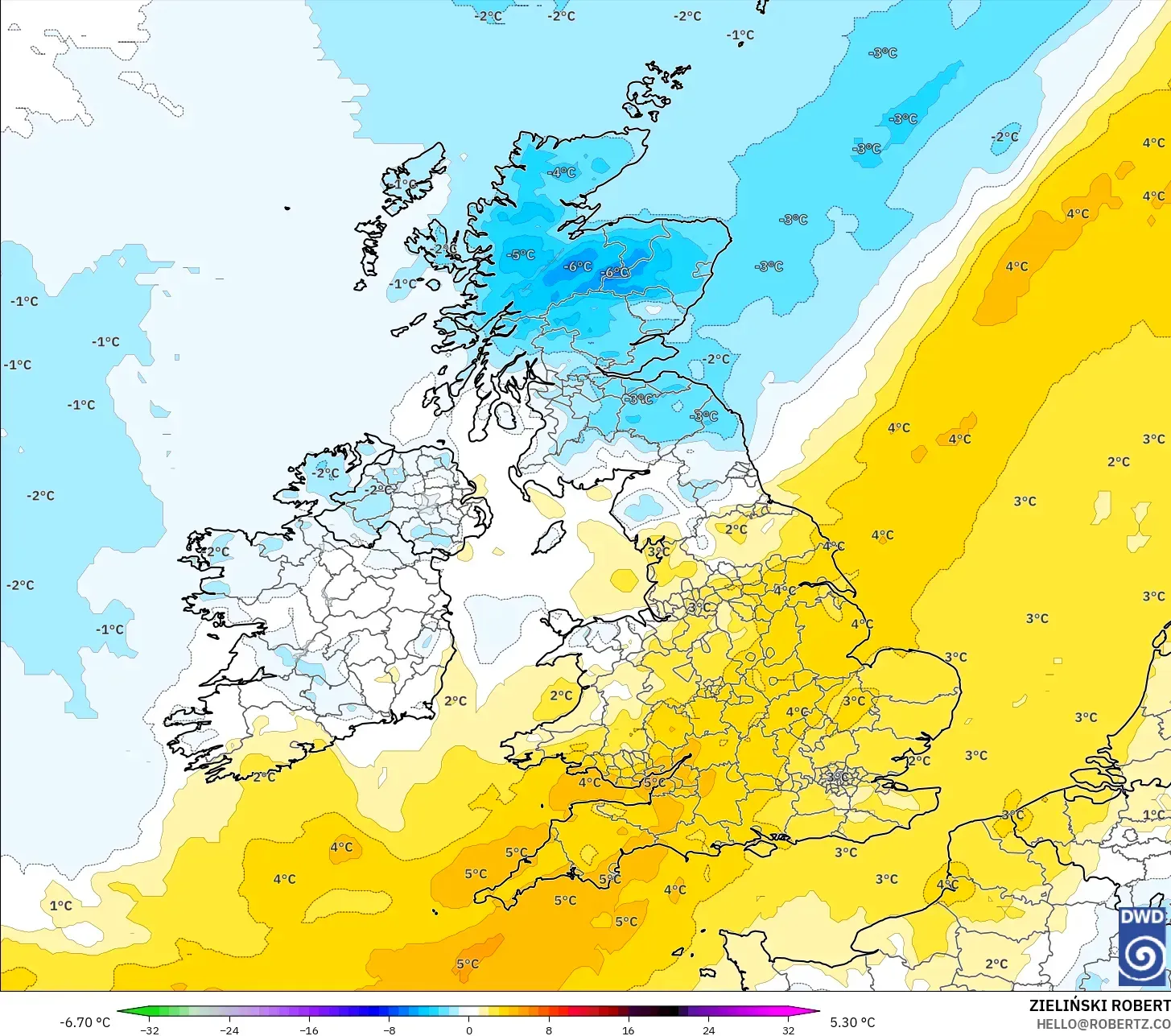 ICON modelo - Reino Unido, Anomalía de temperatura a 850 hPa
