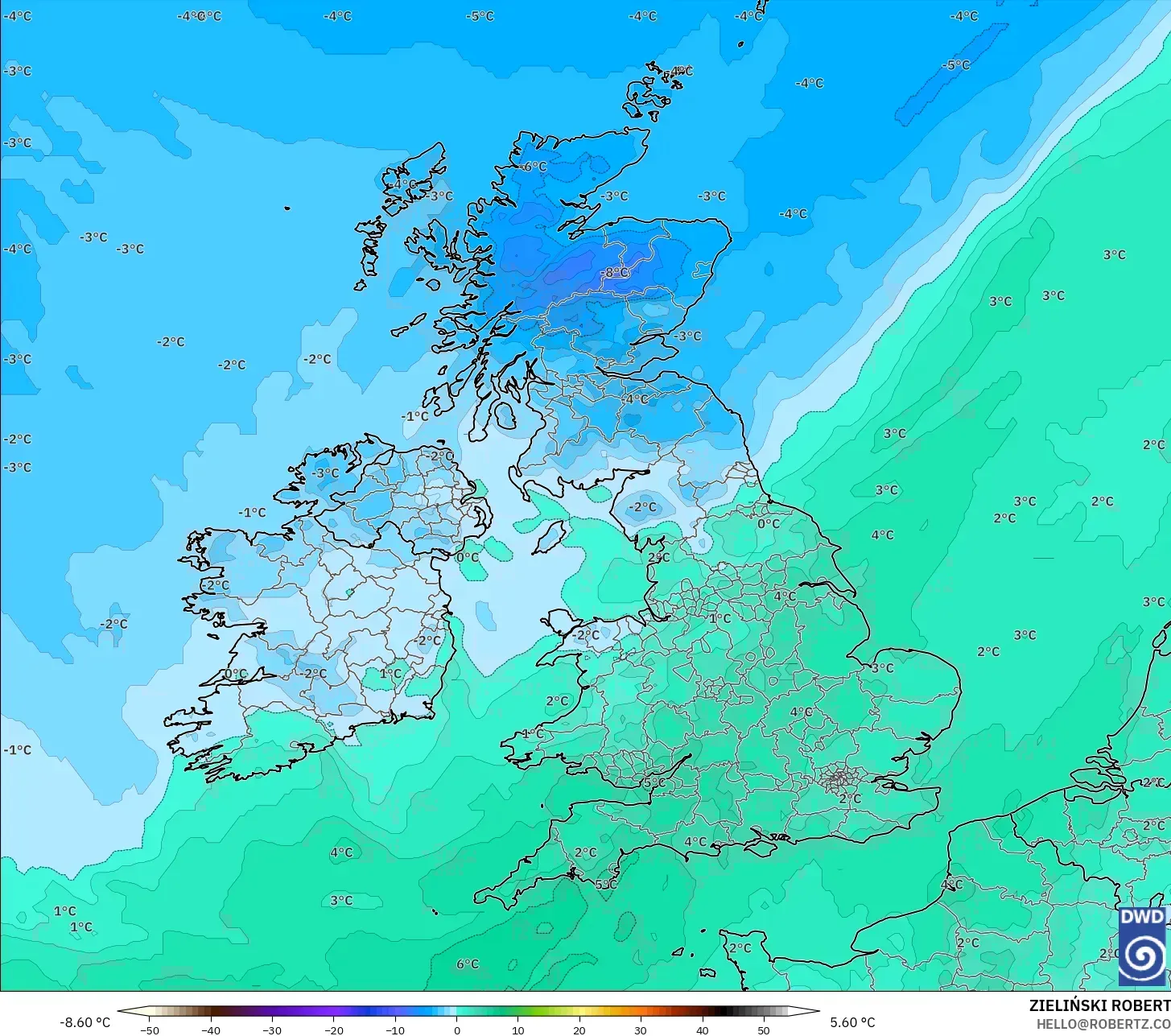 ICON modelo - Reino Unido, Temperatura a 850 hPa