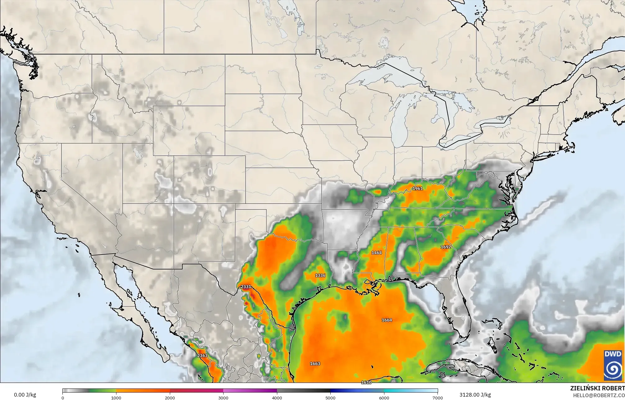 ICON modelo - Estados Unidos, CAPE