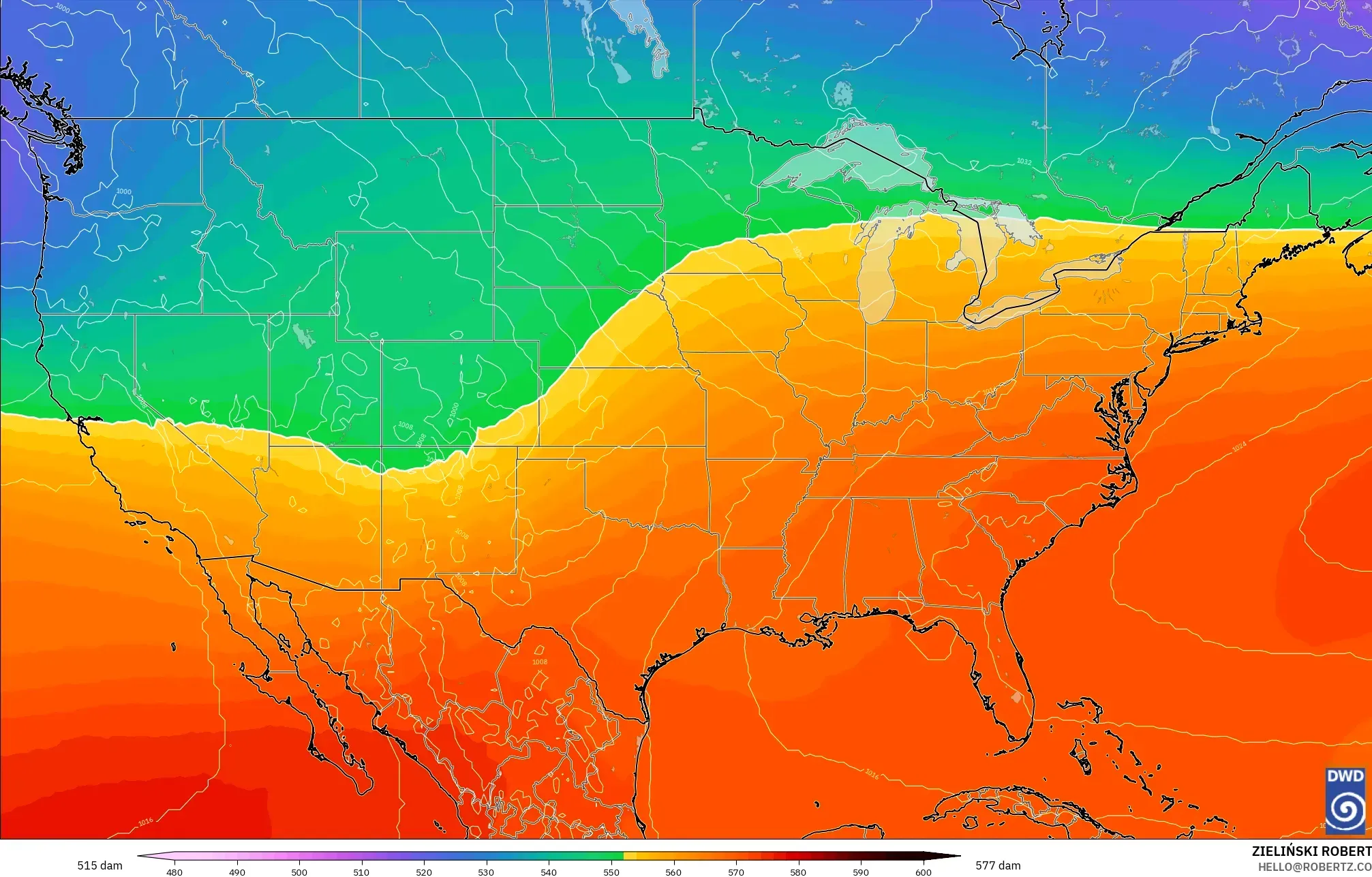 ICON modelo - Estados Unidos, Altura geopotencial a 500 hPa
