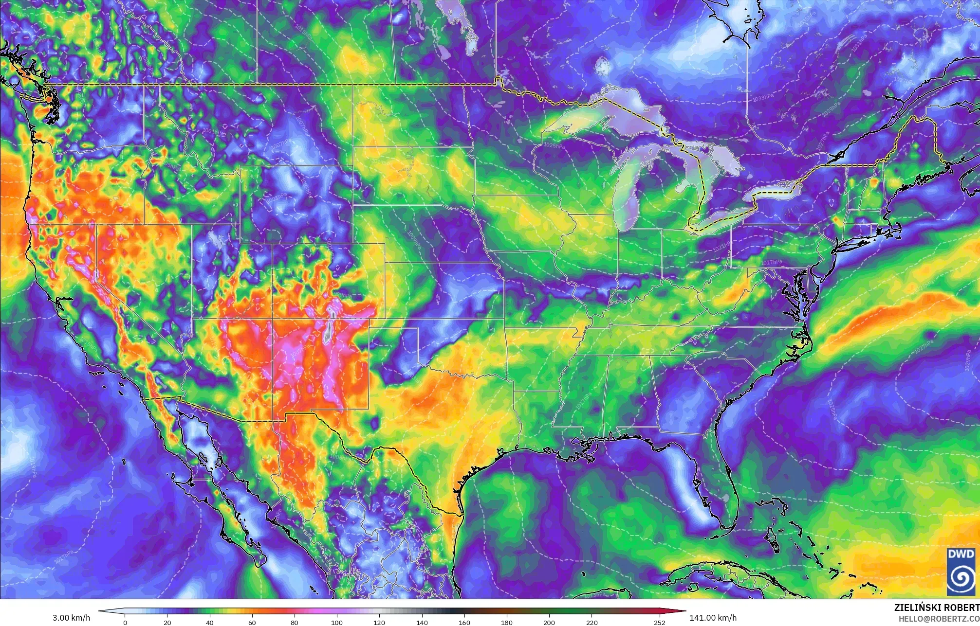 ICON modelo - Estados Unidos, Ráfagas de Viento Máximas