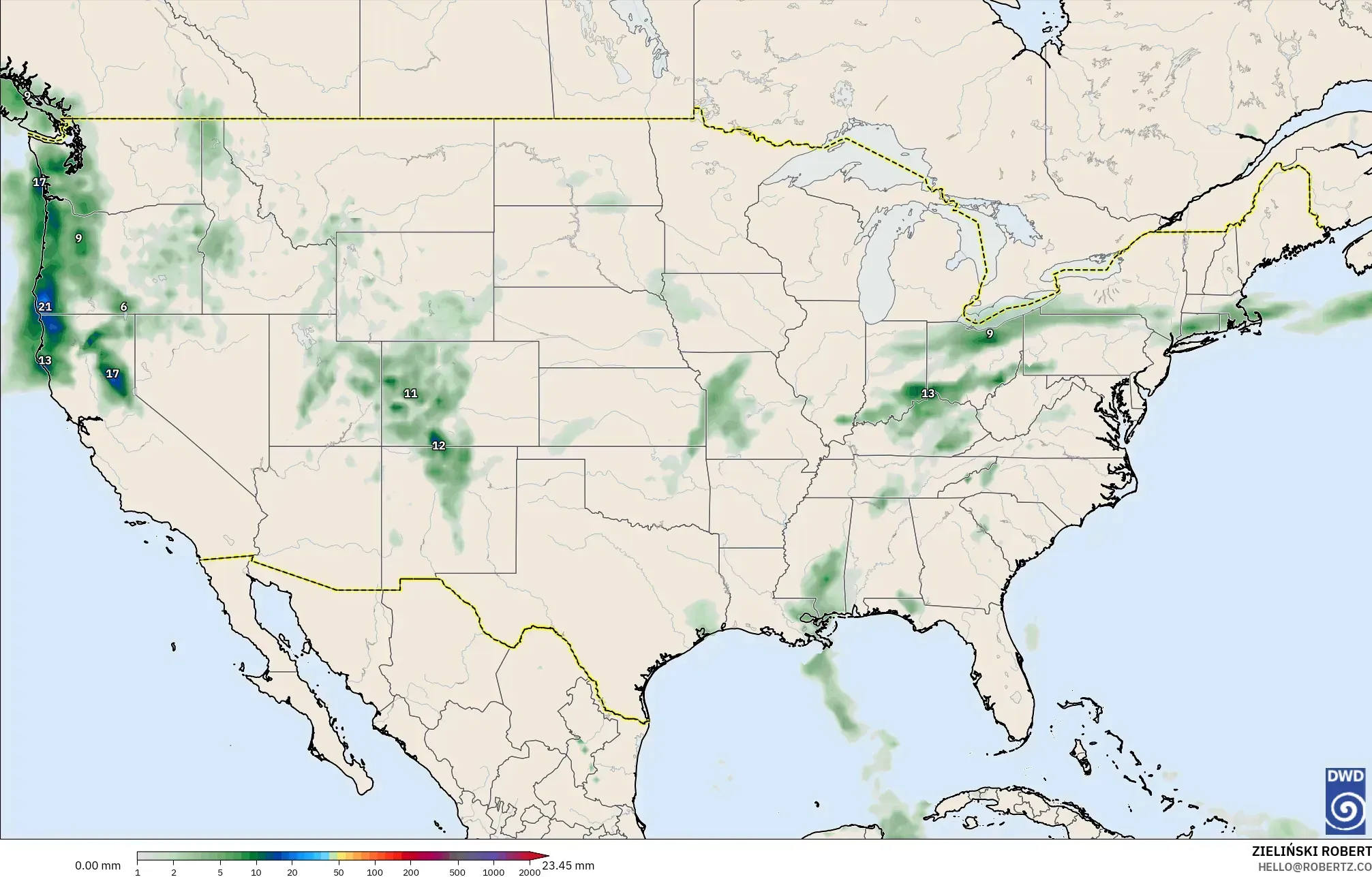 ICON modelo - Estados Unidos, Acumulación de precipitación