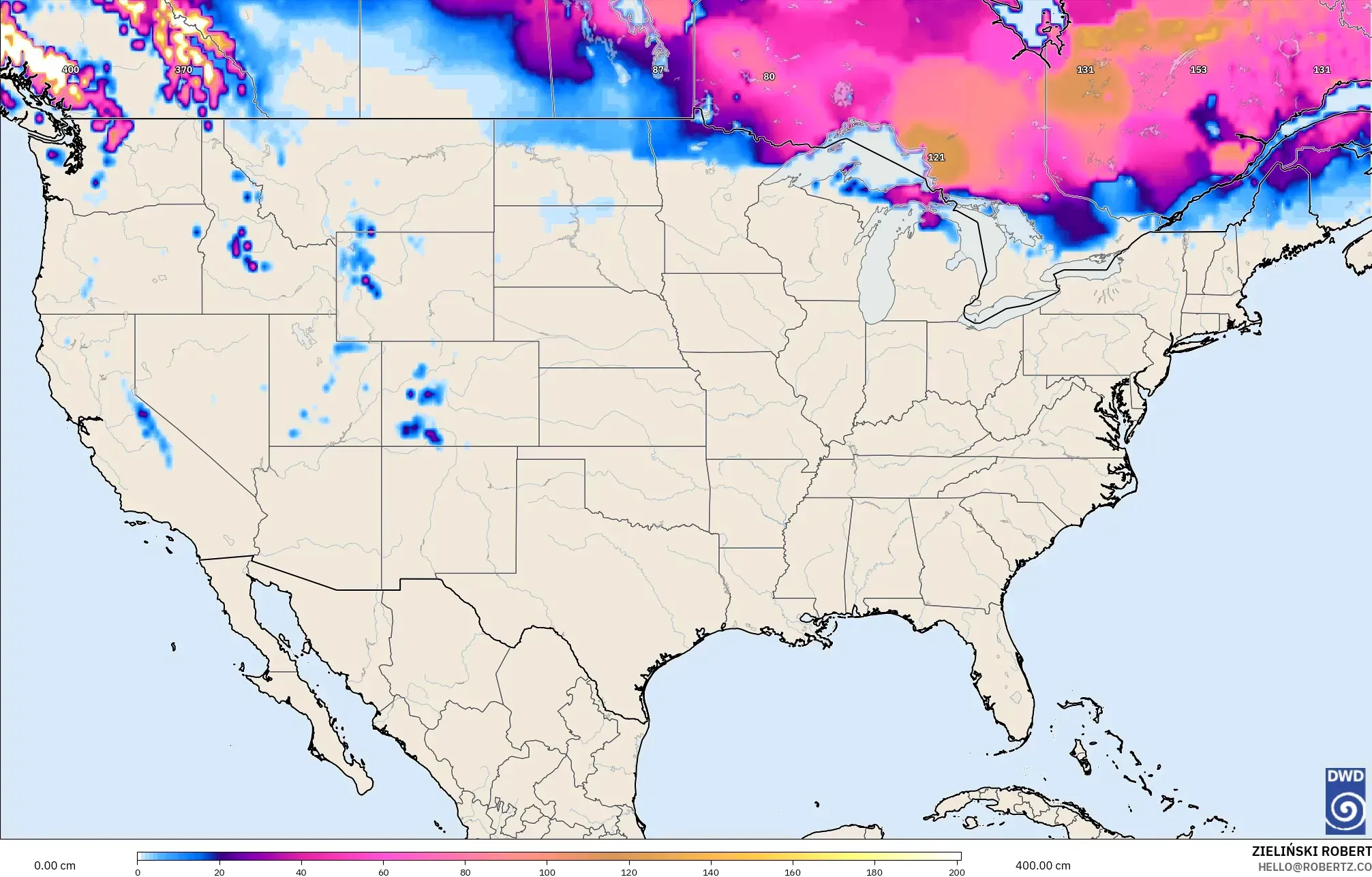ICON modelo - Estados Unidos, Profundidad de nieve