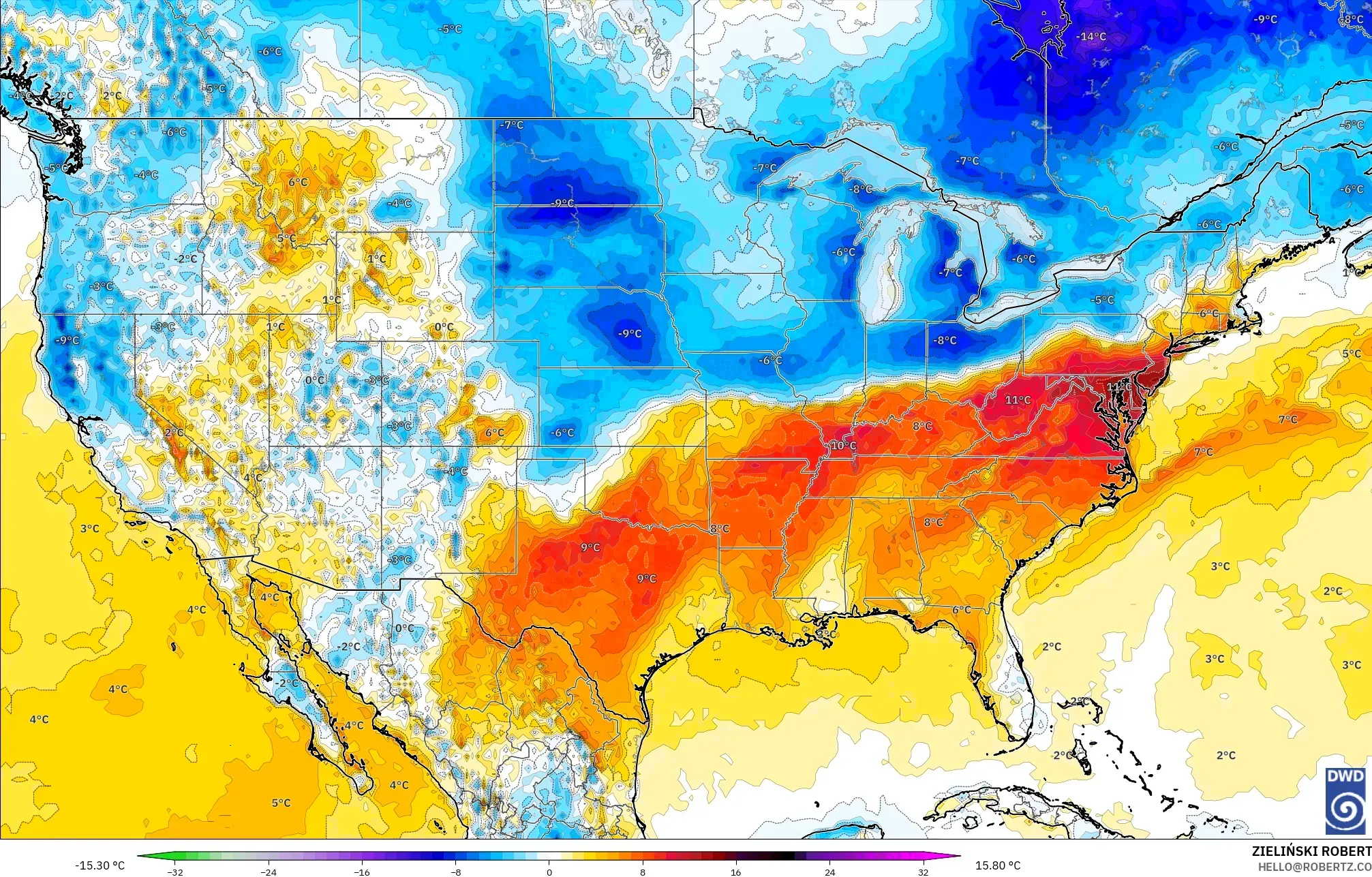 ICON modelo - Estados Unidos, Anomalía de temperatura a 2 m