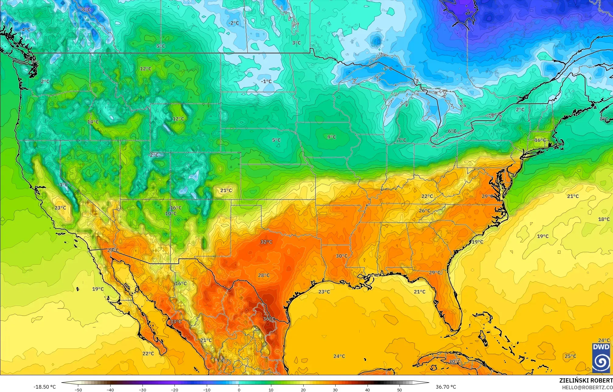 ICON modelo - Estados Unidos, Temperatura a 2 m