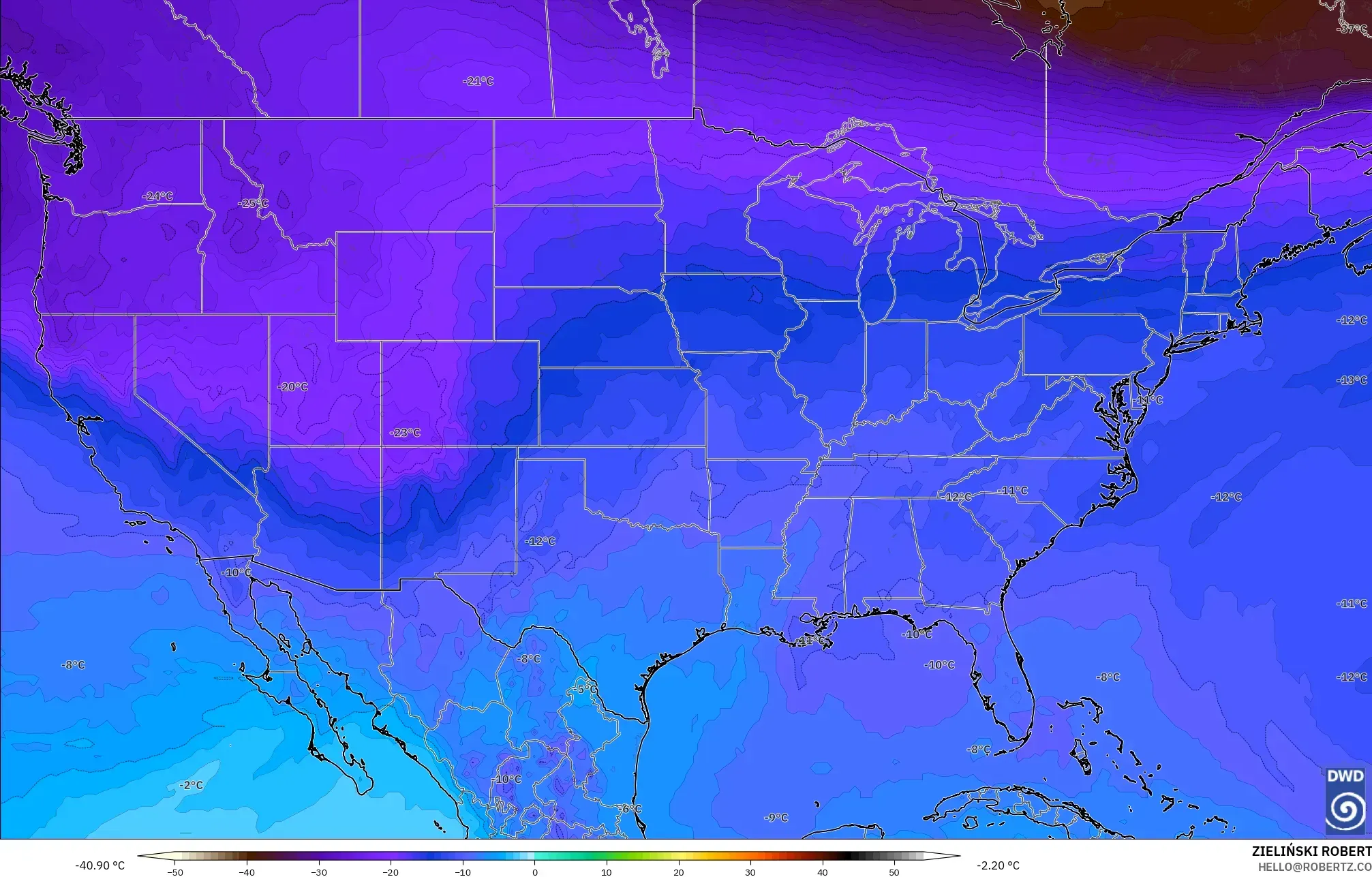 ICON modelo - Estados Unidos, Temperatura a 500 hPa
