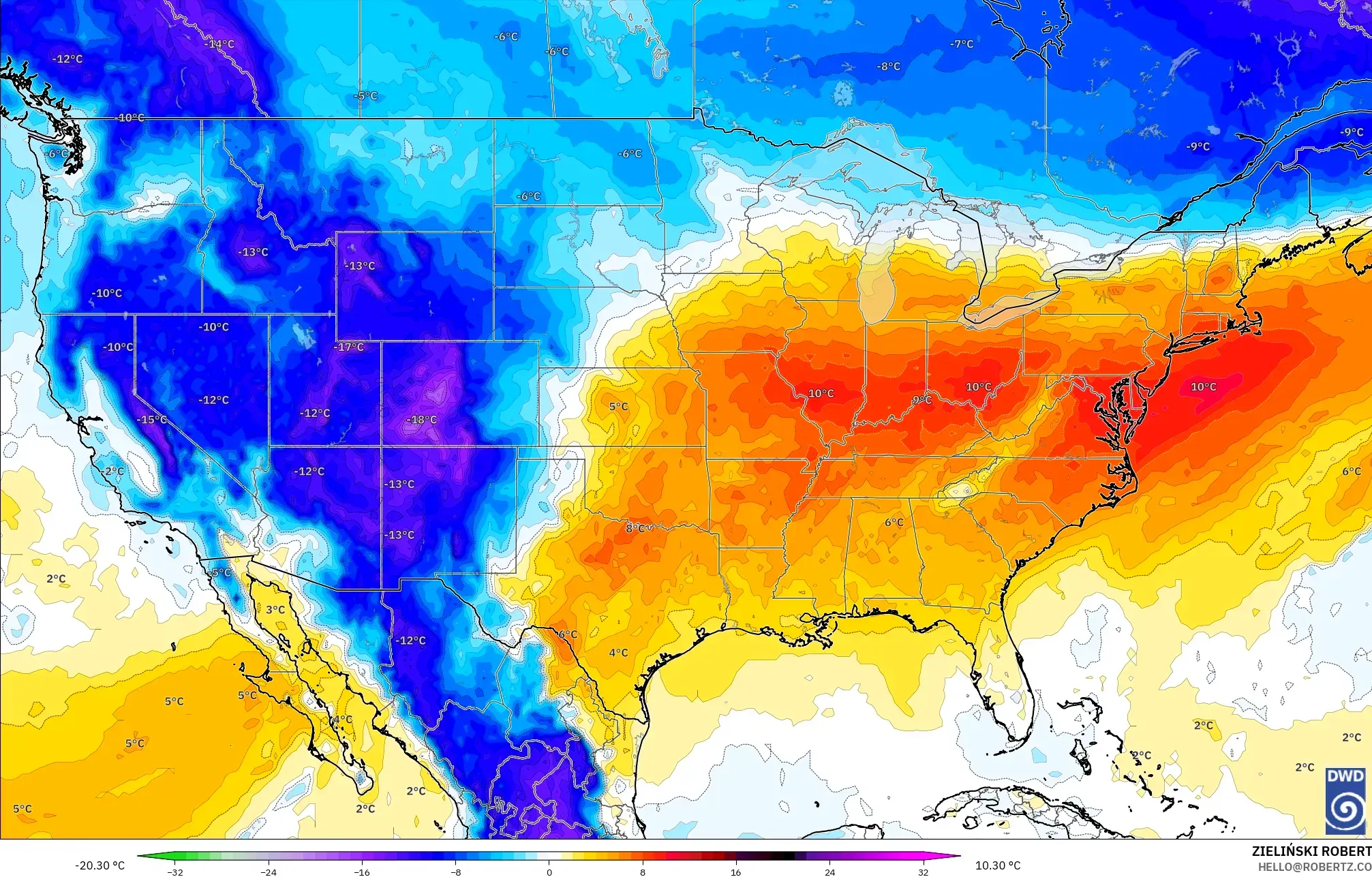 ICON modelo - Estados Unidos, Anomalía de temperatura a 850 hPa