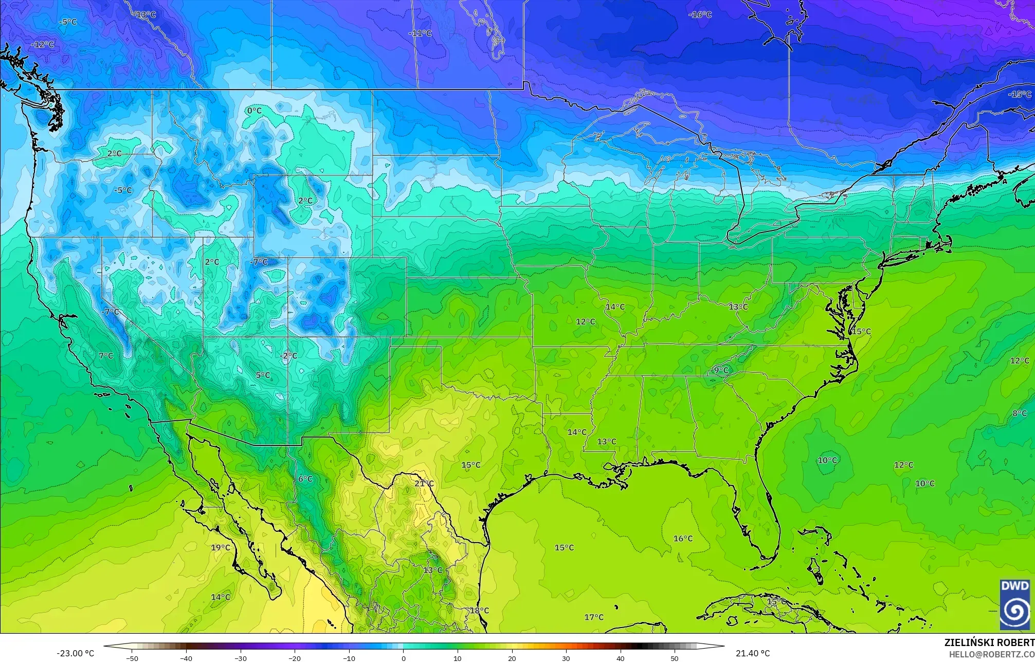 ICON modelo - Estados Unidos, Temperatura a 850 hPa