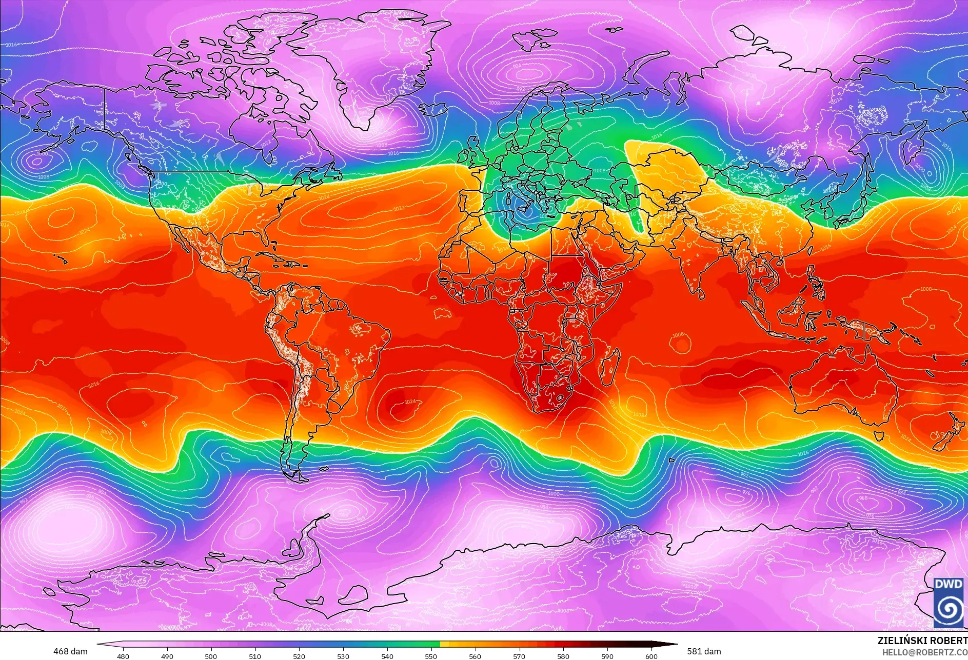 ICON modelo - Mundo, Altura geopotencial a 500 hPa