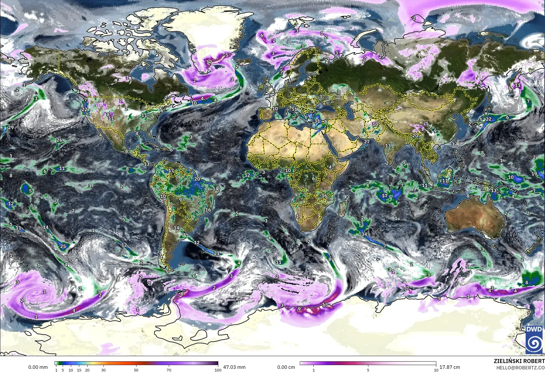 ICON modelo - Mundo, Precipitación, nubes y presión