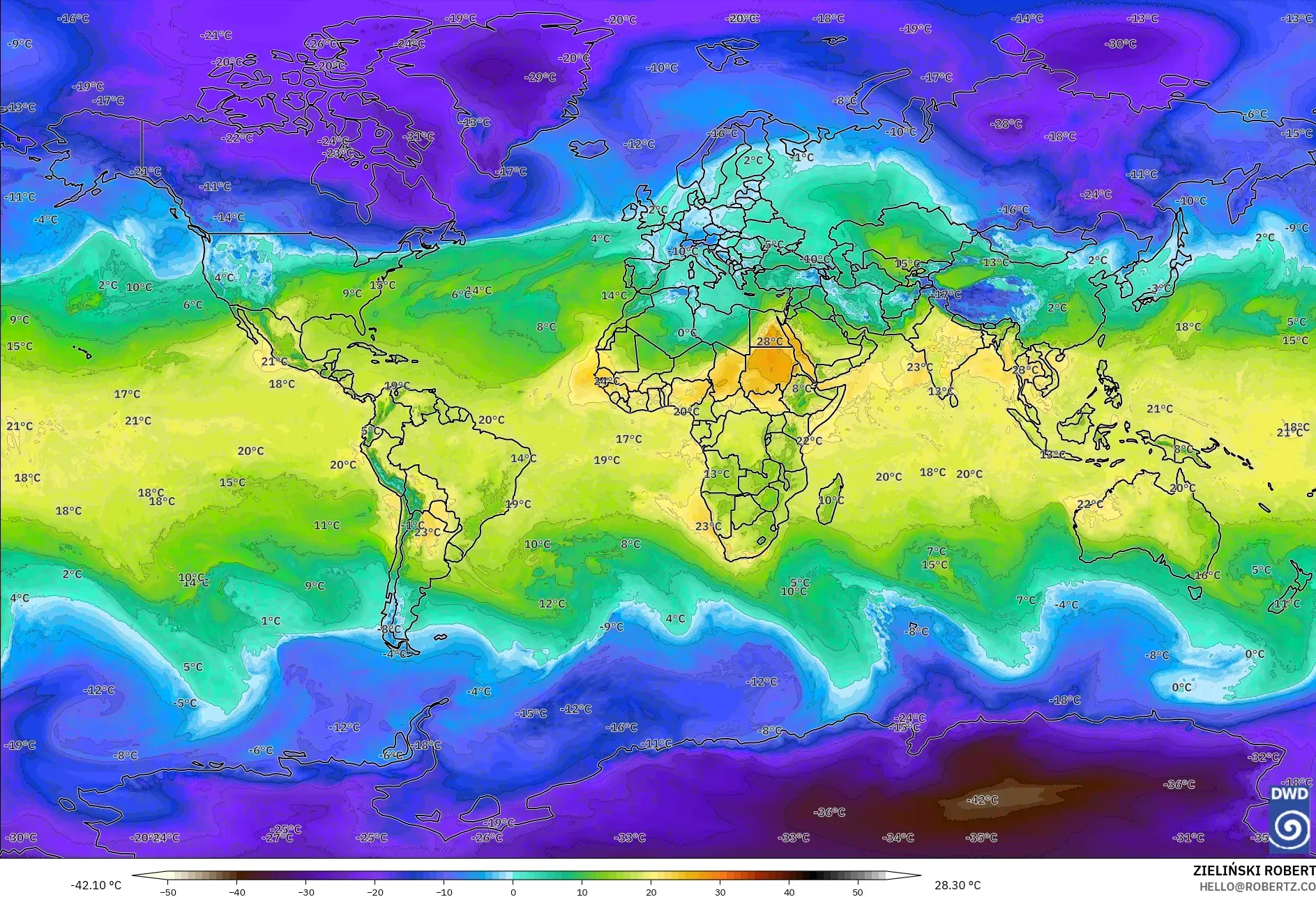 ICON modelo - Mundo, Temperatura a 850 hPa
