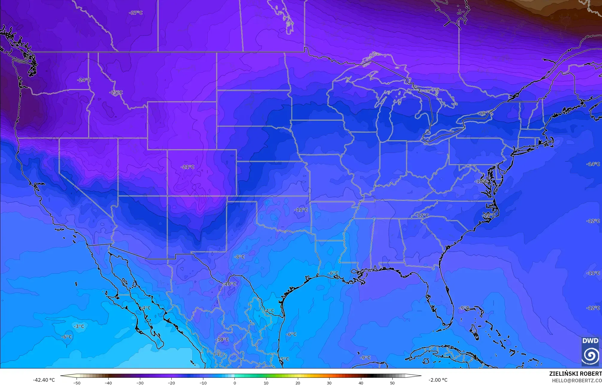 ICON modelo - Estados Unidos, Temperatura a 500 hPa