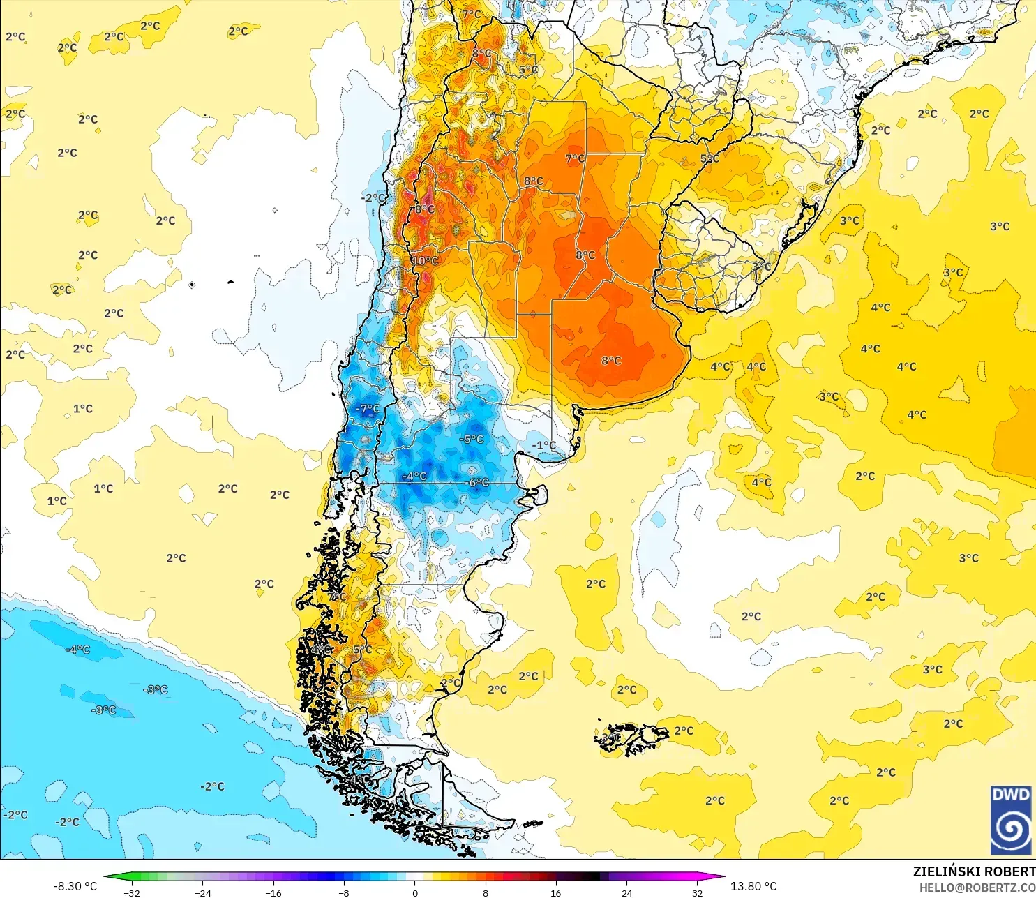 ICON modelo - Argentina, Anomalía de temperatura a 2 m