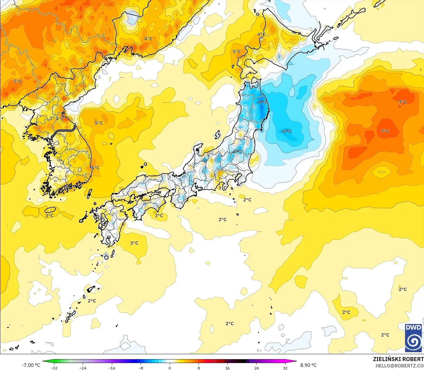 ICON modelo - Japón, Anomalía de temperatura a 2 m