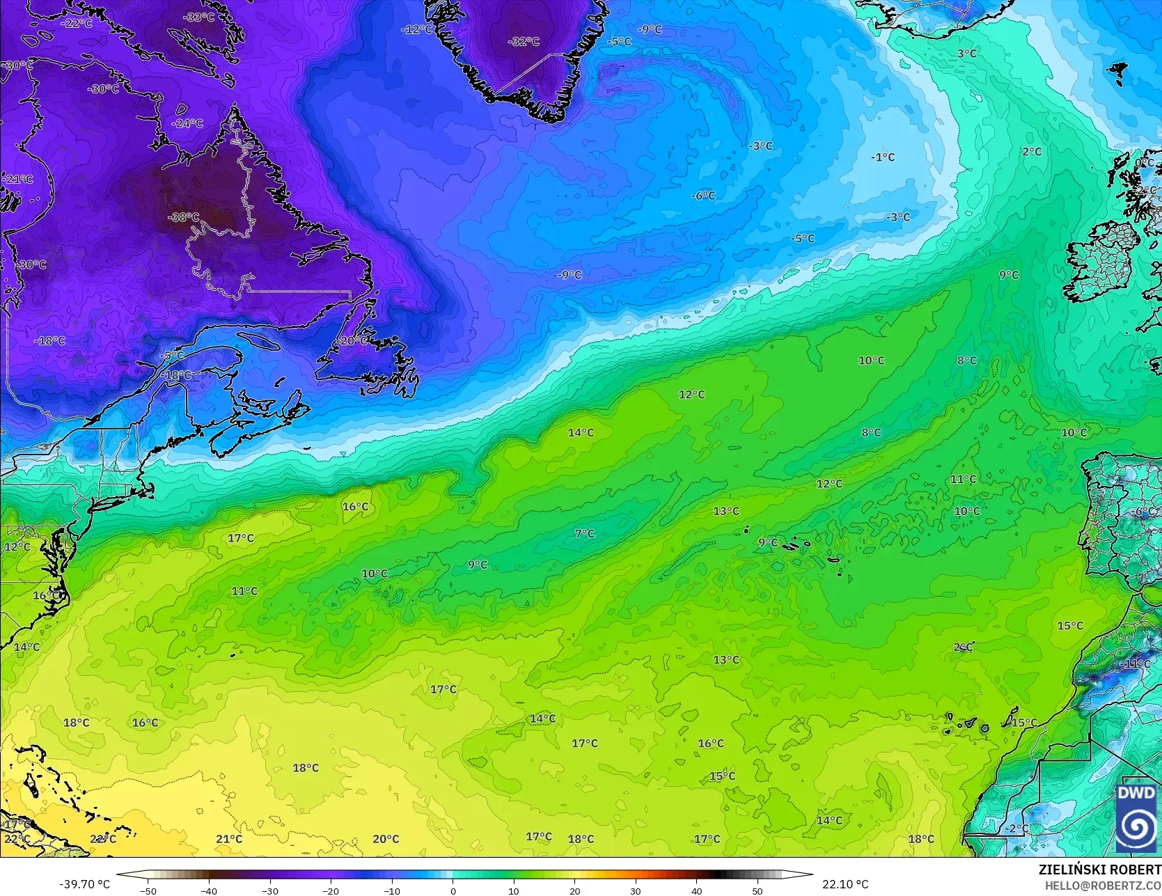 ICON modelo - Norte Atlántico, Punto de rocío a 2 m