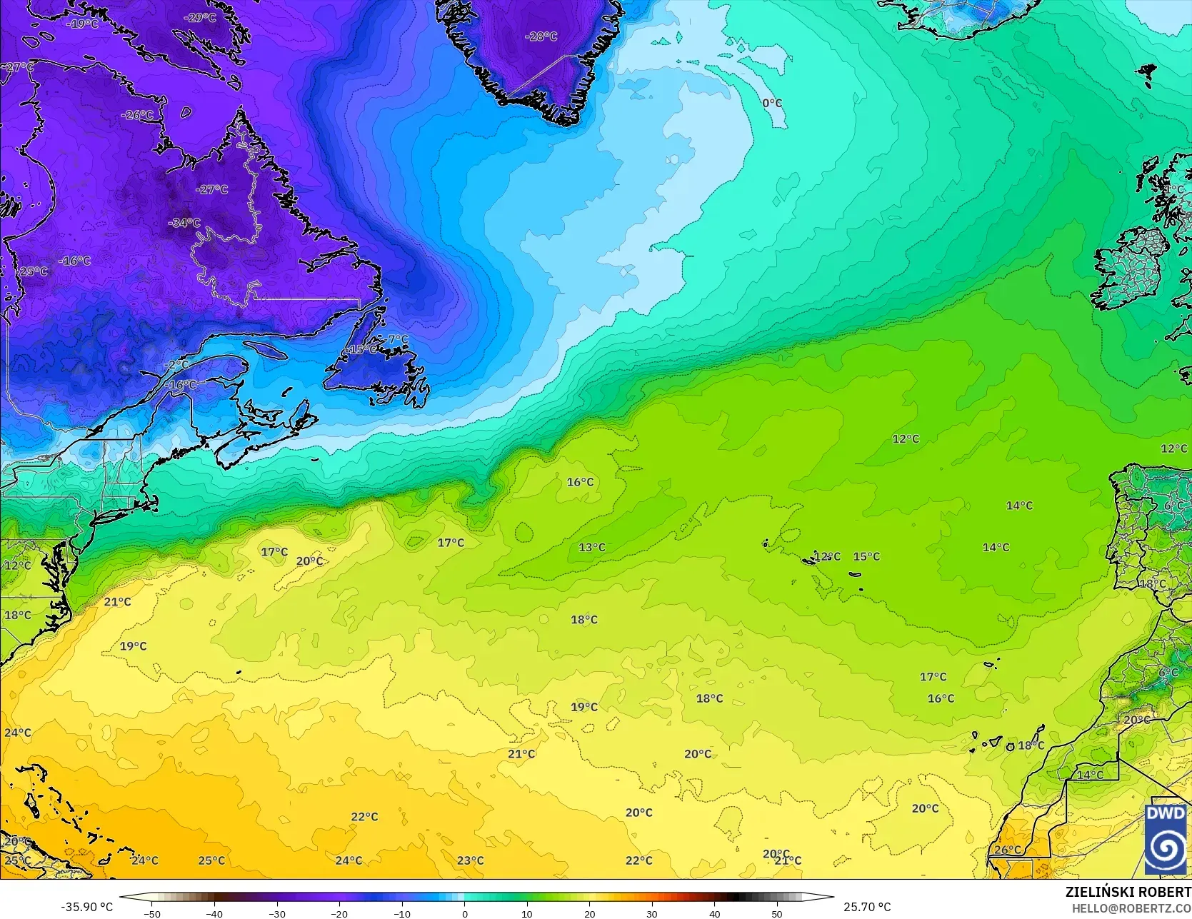 ICON modelo - Norte Atlántico, Temperatura a 2 m