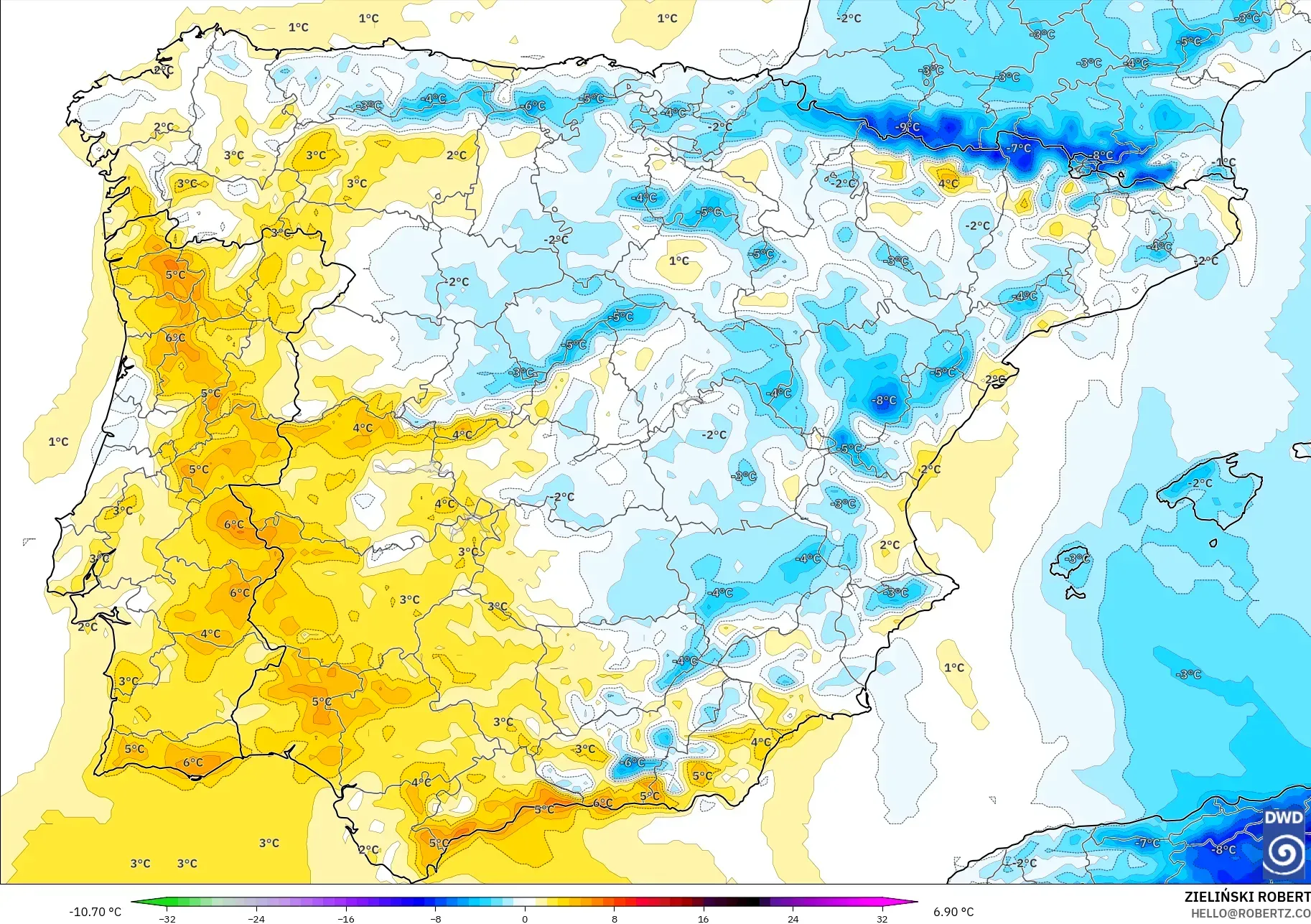 ICON modelo - España, Anomalía de temperatura a 2 m