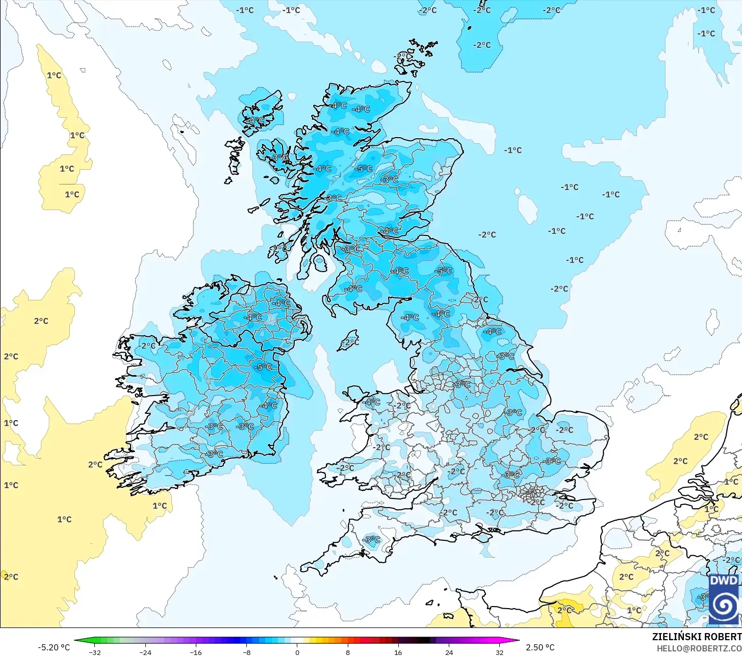 ICON modelo - Reino Unido, Anomalía de temperatura a 2 m