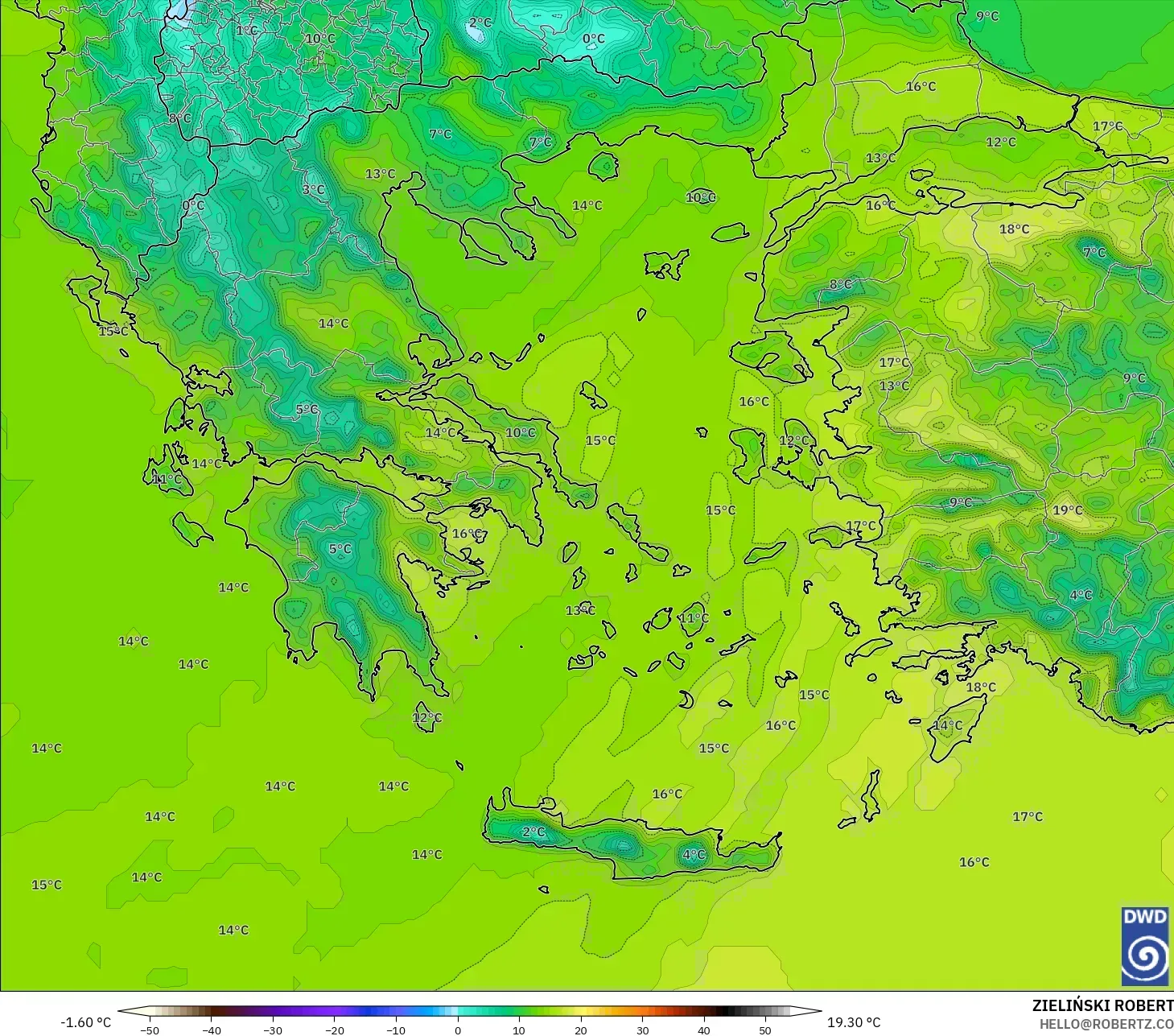 ICON modelo - Grecia, Temperatura a 2 m