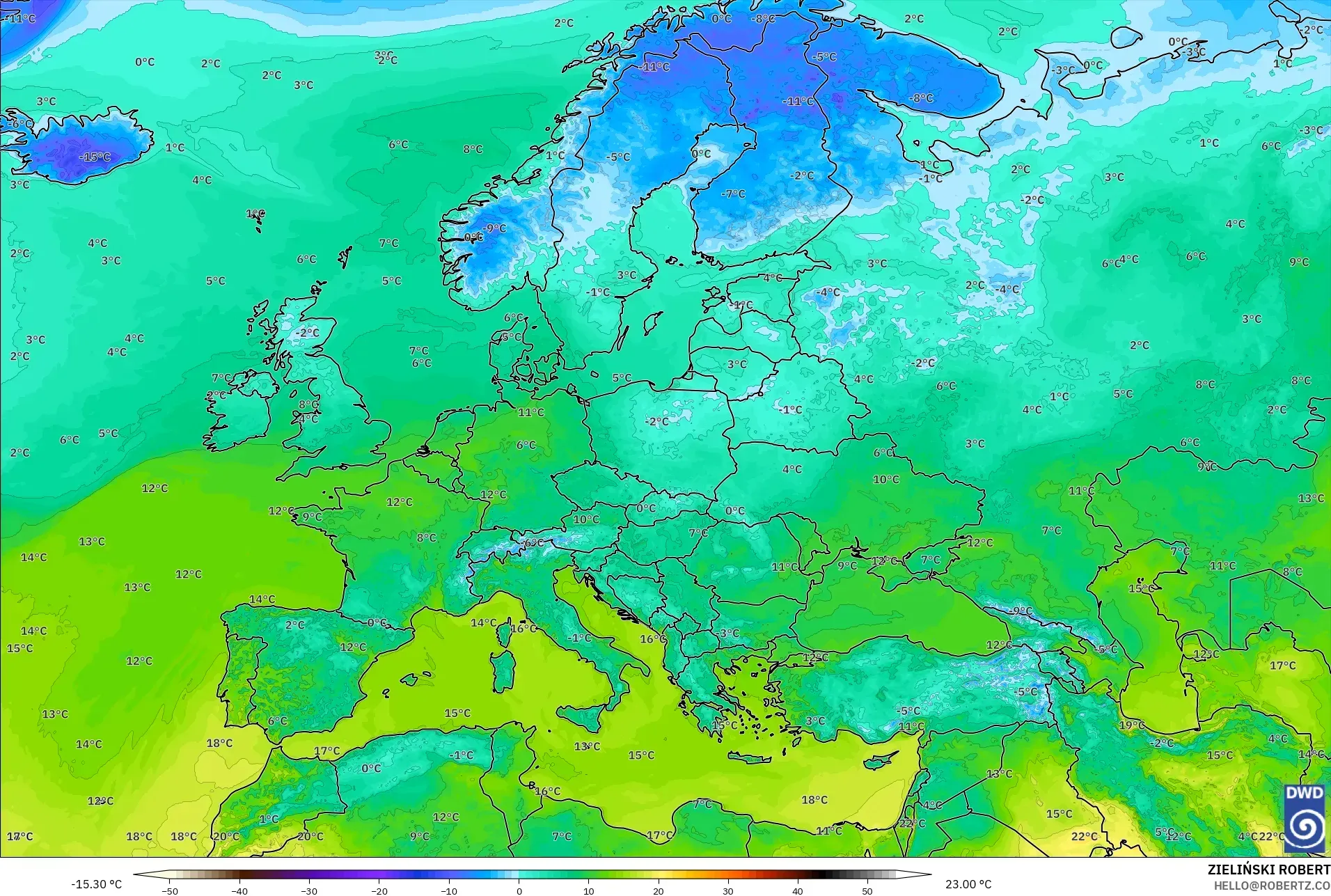 ICON modelo - Europa, Temperatura a 2 m