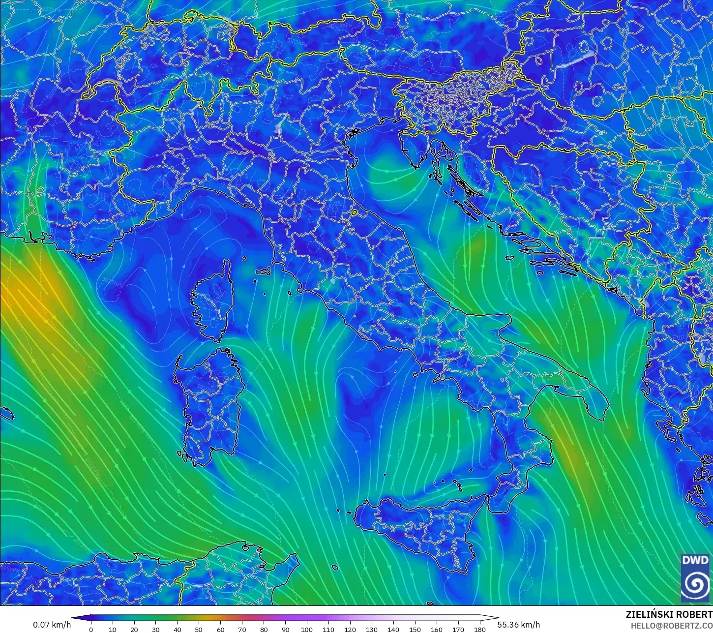 ICON modelo - Italia, Viento a 10 m