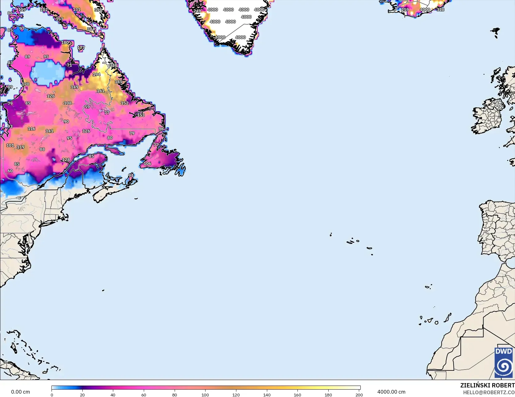 ICON modelo - Norte Atlántico, Profundidad de nieve