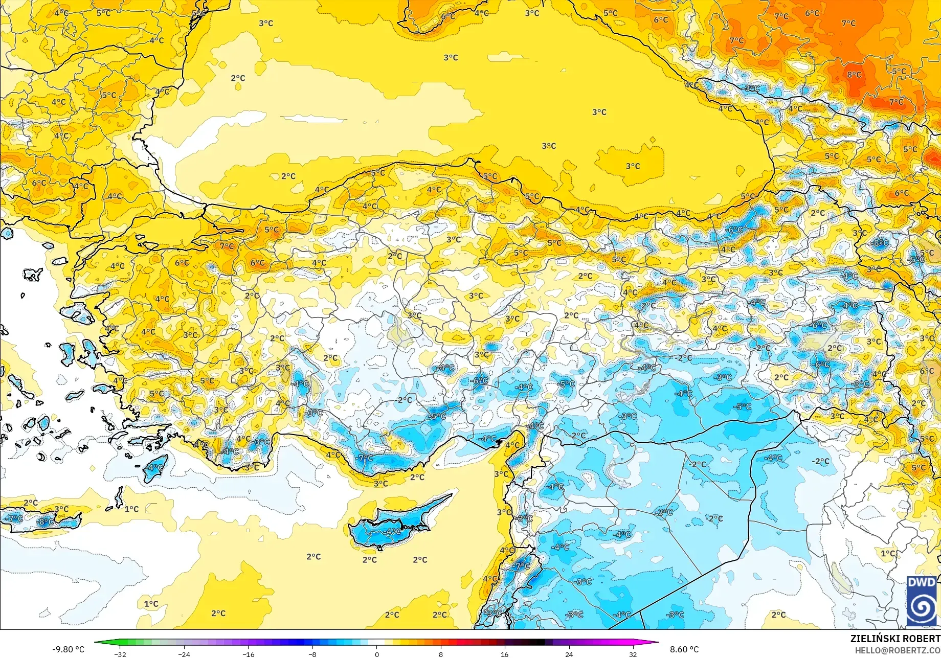ICON modelo - Turquía, Anomalía de temperatura a 2 m