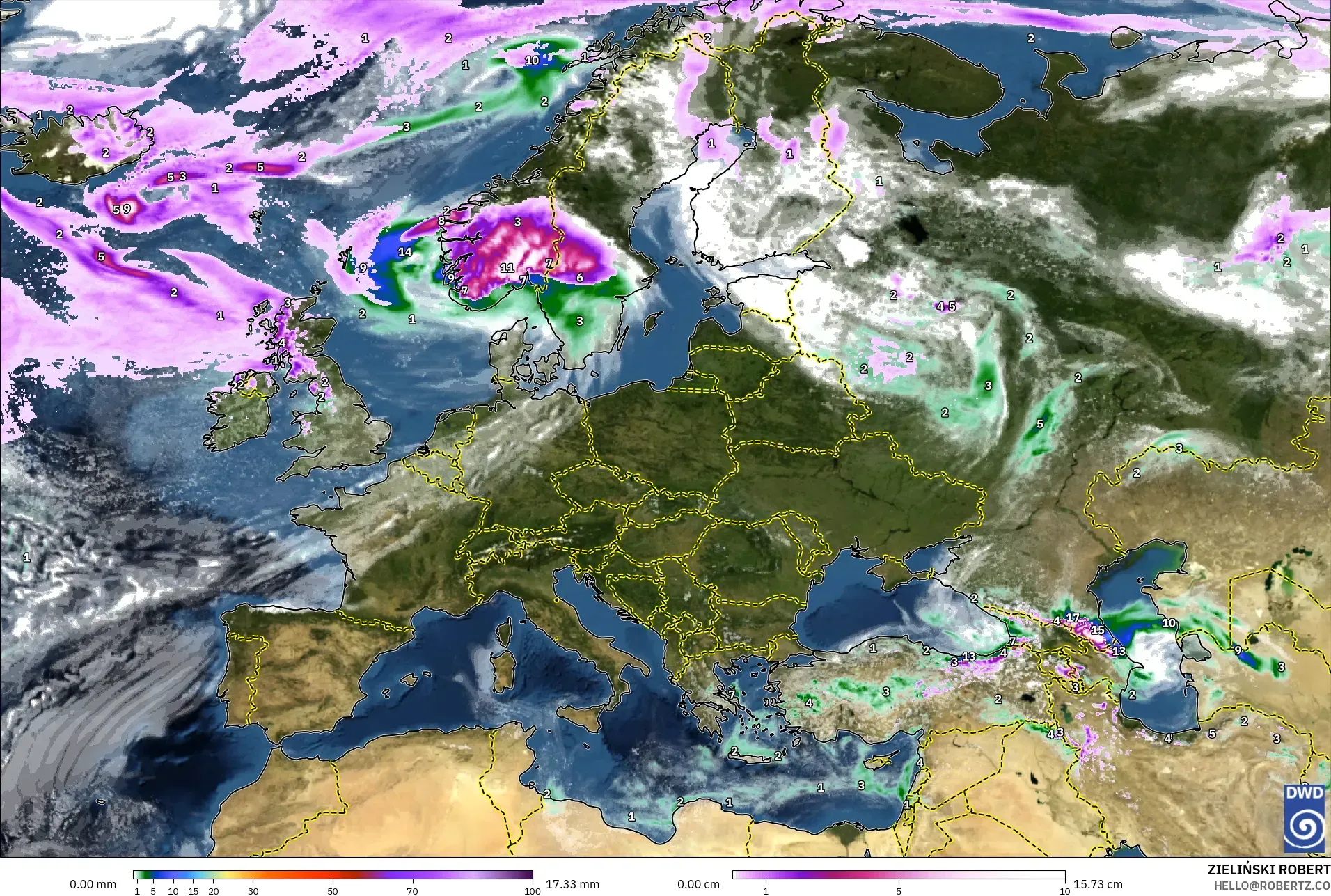 ICON modelo - Europa, Precipitación, nubes y presión