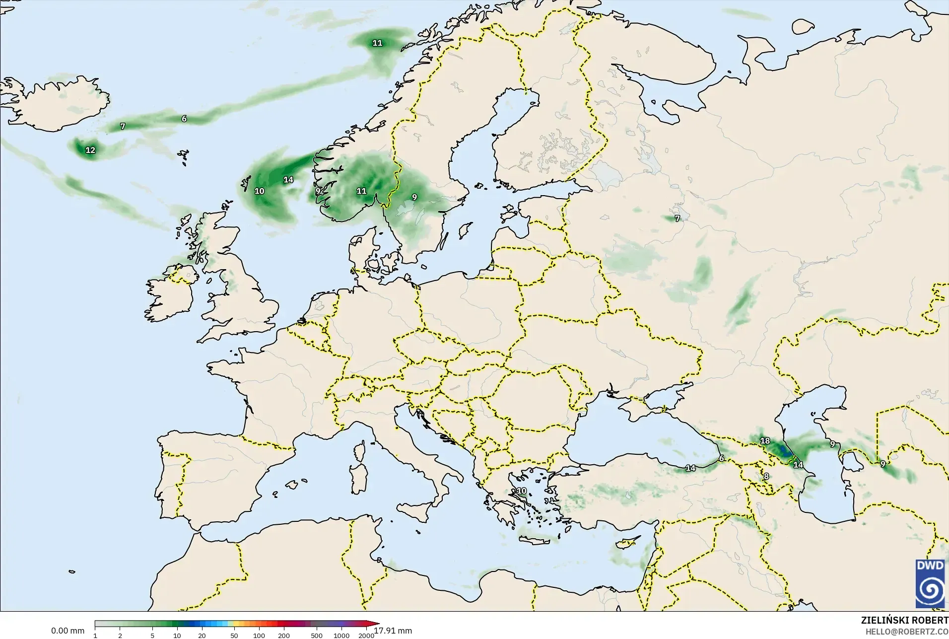 ICON modelo - Europa, Acumulación de precipitación