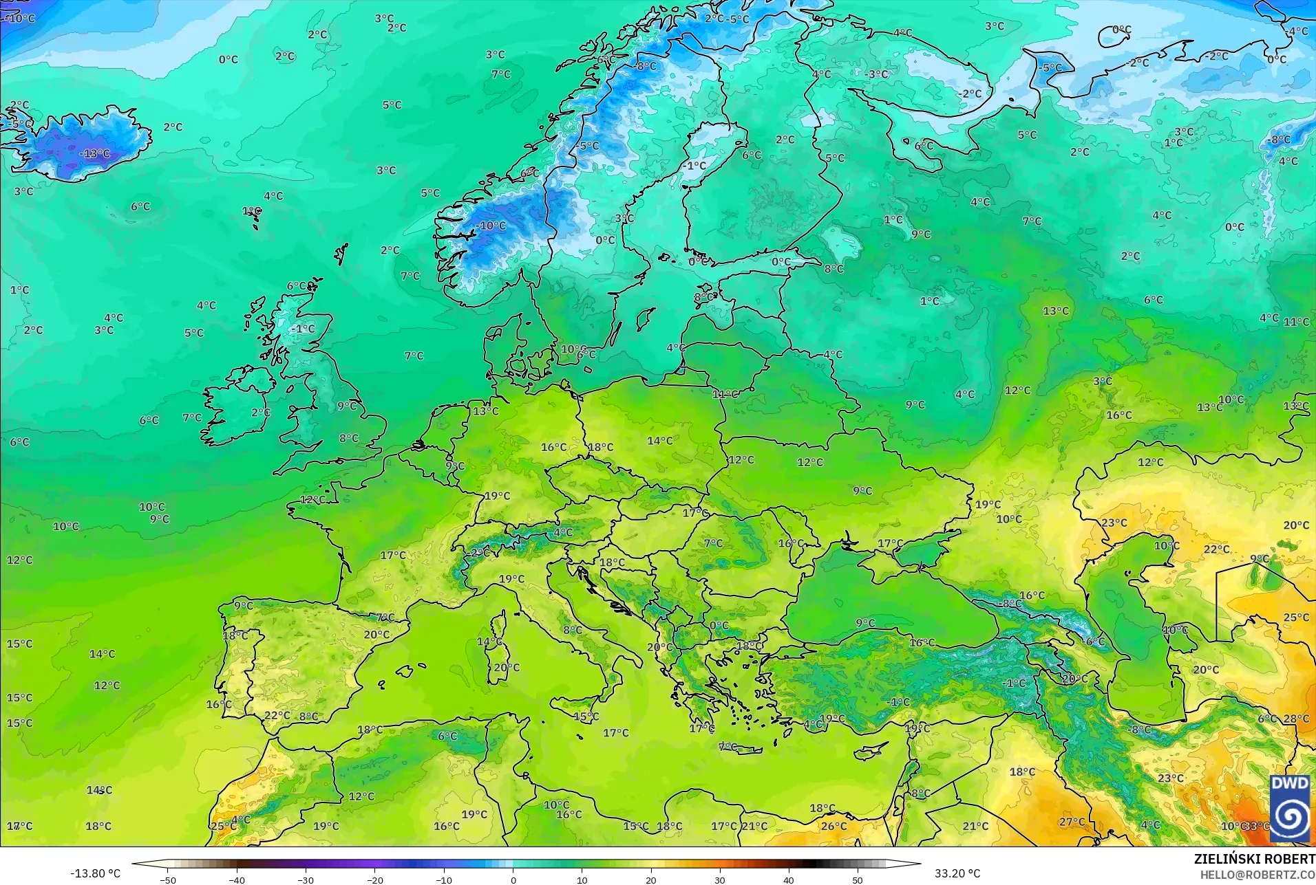 ICON modelo - Europa, Temperatura a 2 m