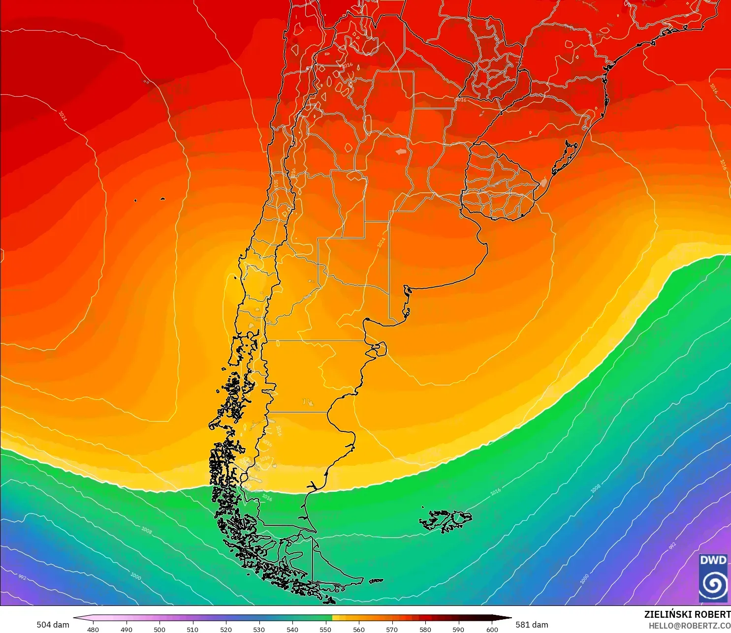 ICON modelo - Argentina, Altura geopotencial a 500 hPa