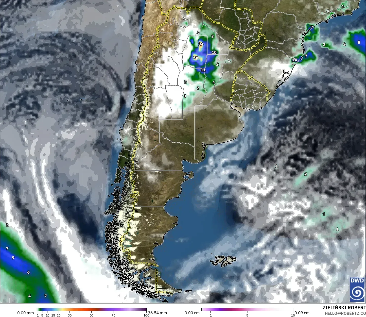 ICON modelo - Argentina, Precipitación, nubes y presión
