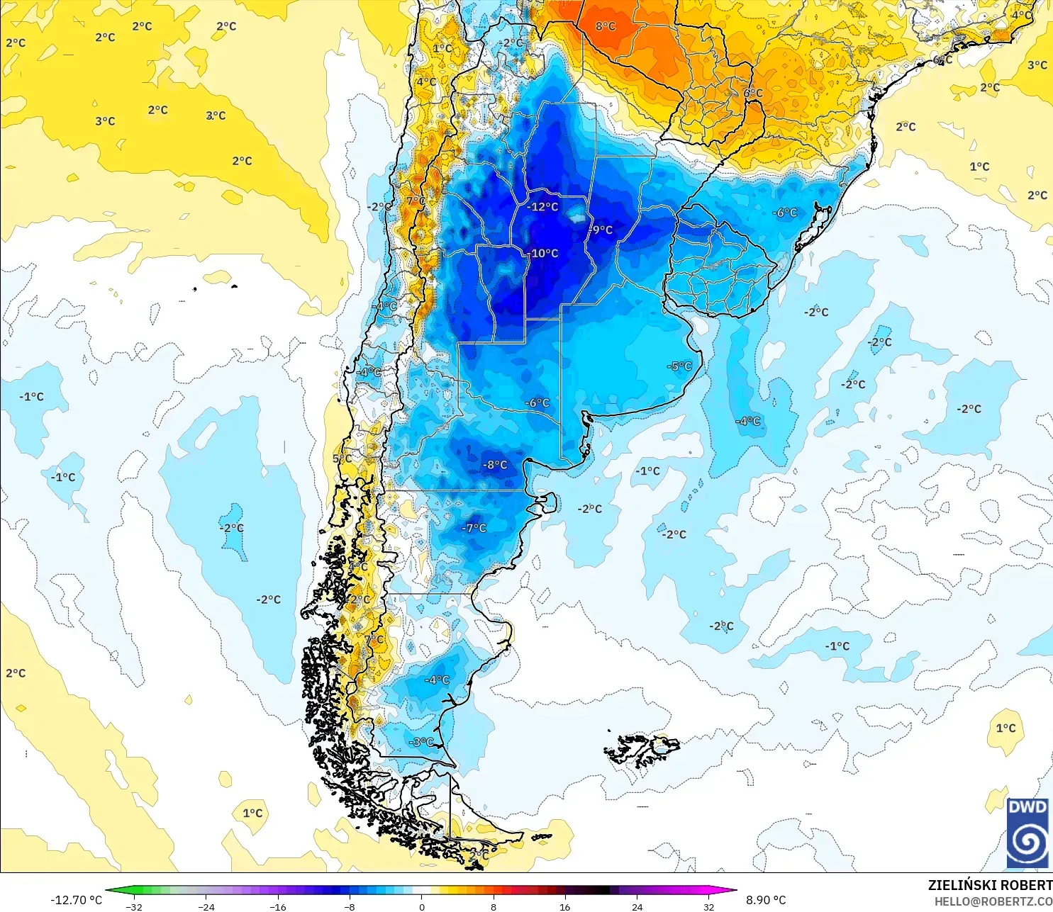 ICON modelo - Argentina, Anomalía de temperatura a 2 m