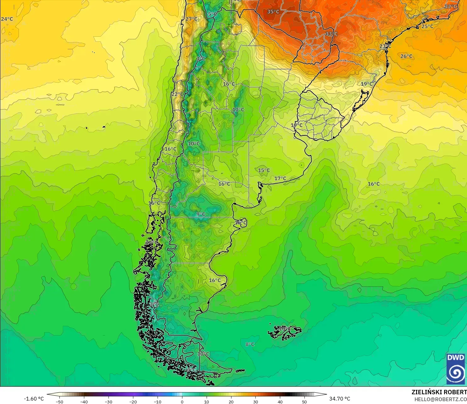 ICON modelo - Argentina, Temperatura a 2 m