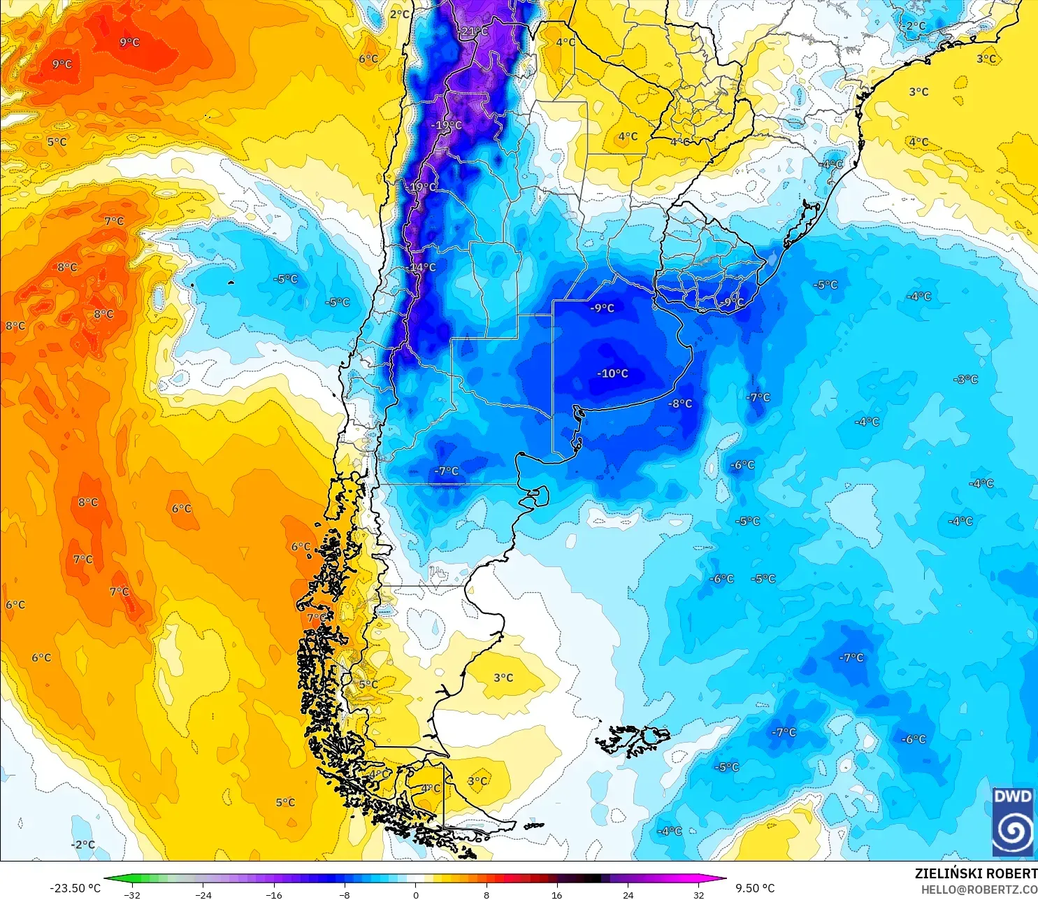 ICON modelo - Argentina, Anomalía de temperatura a 850 hPa