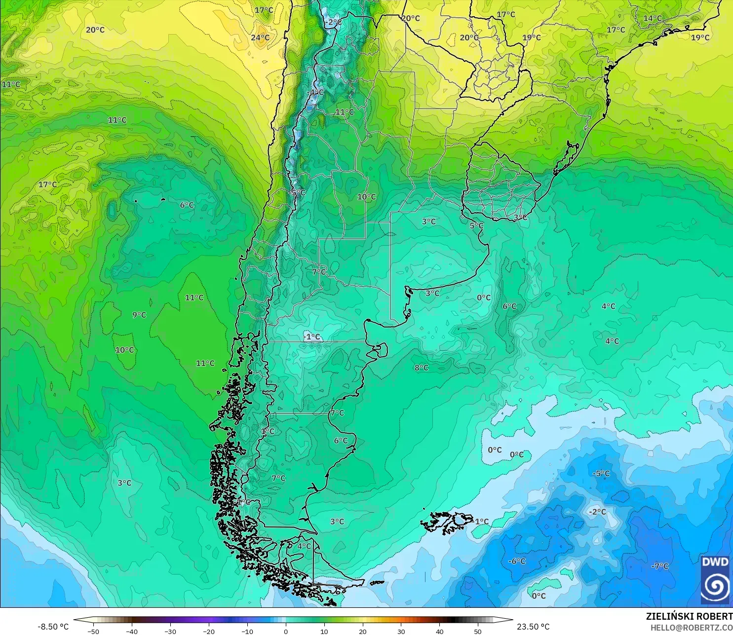 ICON modelo - Argentina, Temperatura a 850 hPa